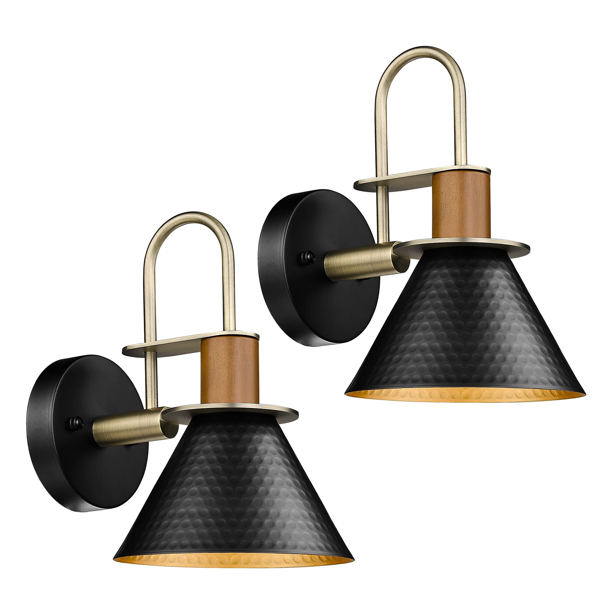 Hwh Modern Wall Sconces Set Of 2, Industrial Gooseneck Lighting, Hammered Metal, Black & Gold