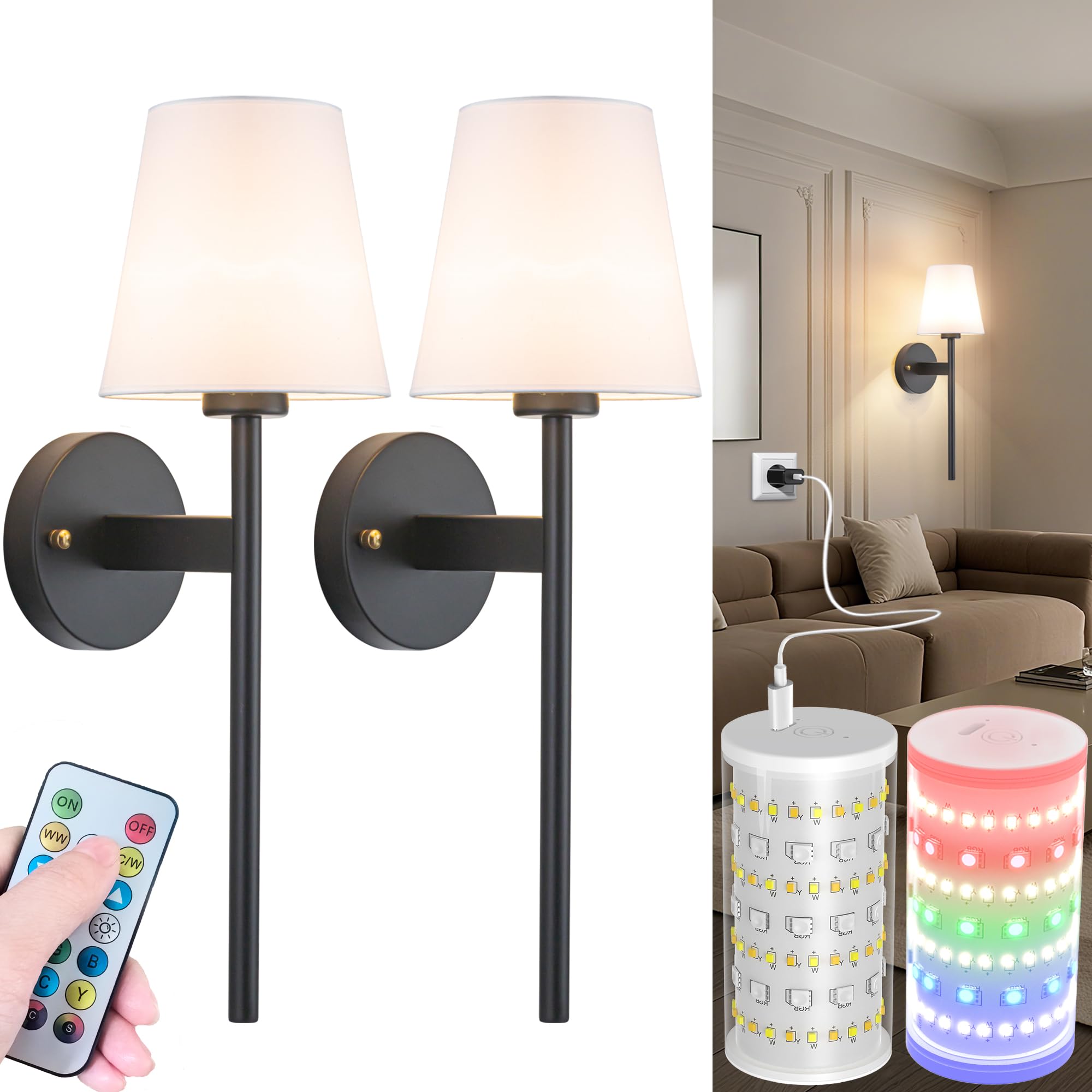 Nekhung Battery Operated Wall Sconces Set of 2, Wireless RGB Rechargeable Light, 21inch, Black, Model Nekhung