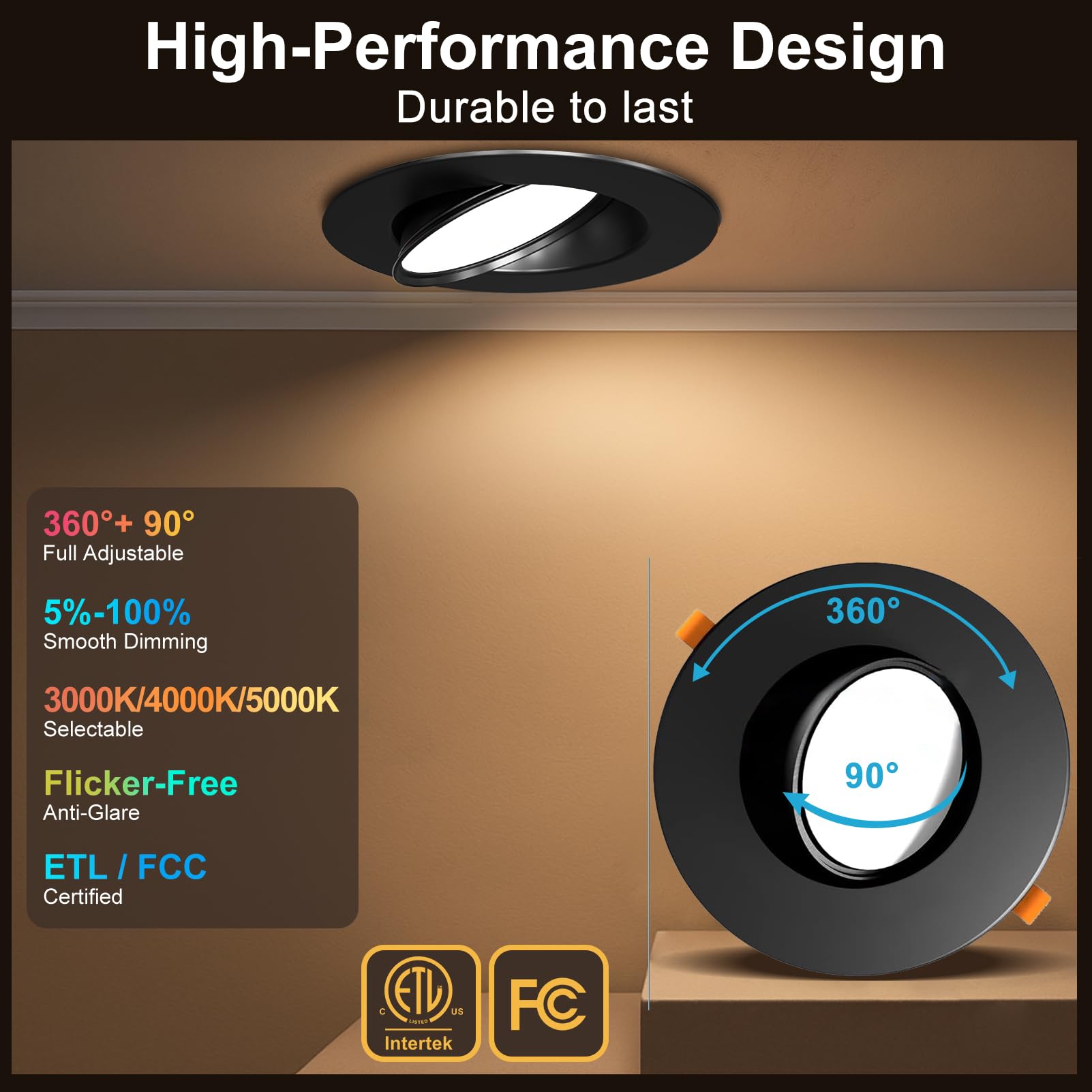 Lightdot 6 Pack 6 Inch Led Gimbal Recessed Lighting  360+90 Adjustable  3Cct Selectable & Dimmable (5%-100%)  1300Lm Ultra Bright Canless Downlight  Etl/Fcc Certified For Living Room/Kitchen-Black
