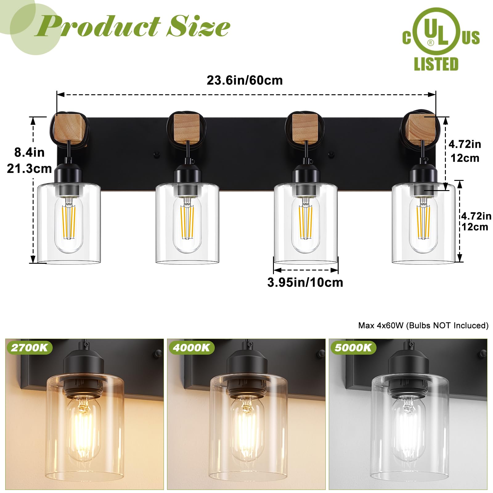 Licperron 4-Lights Farmhouse Vanity Lights For Bathroom  Matte Black Bathroom Light Fixtures With Clear Glass Shade  Rustic Wood Wall Lighting Fixtures Over Mirror For Bedroom  Living Room  Hallway
