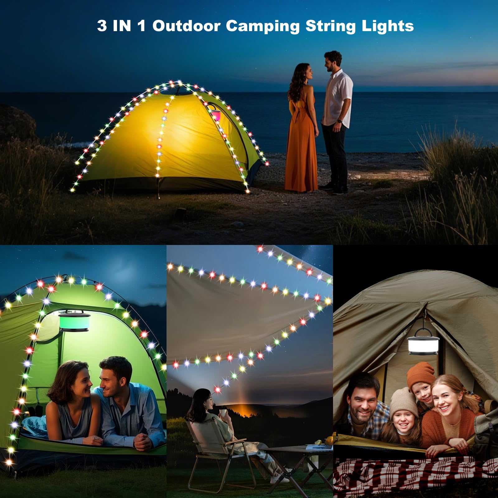 Camping String Lights, Retractable String Lights Camping with 19 Lighting Modes, 32.8 FT Outdoor Rechargeable String Lights, Por