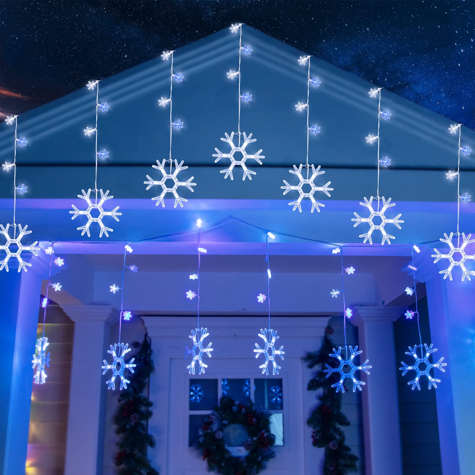 Minetom Christmas Snowflake Icicle Lights Outdoor - Plug-in 7ft 7 Drops 80LED Snowflake Lights, Connectable for Outdoor Porch Ea