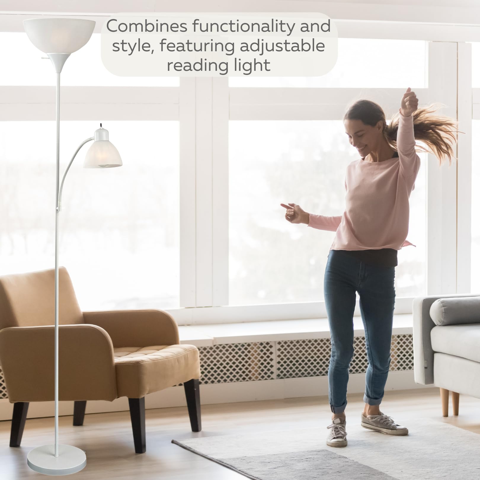 Lightaccents White Floor Lamp With Opal White Cone Shade - Standing Lamps, Torch Floor Lamps For Living Room, Bedroom - Torchier