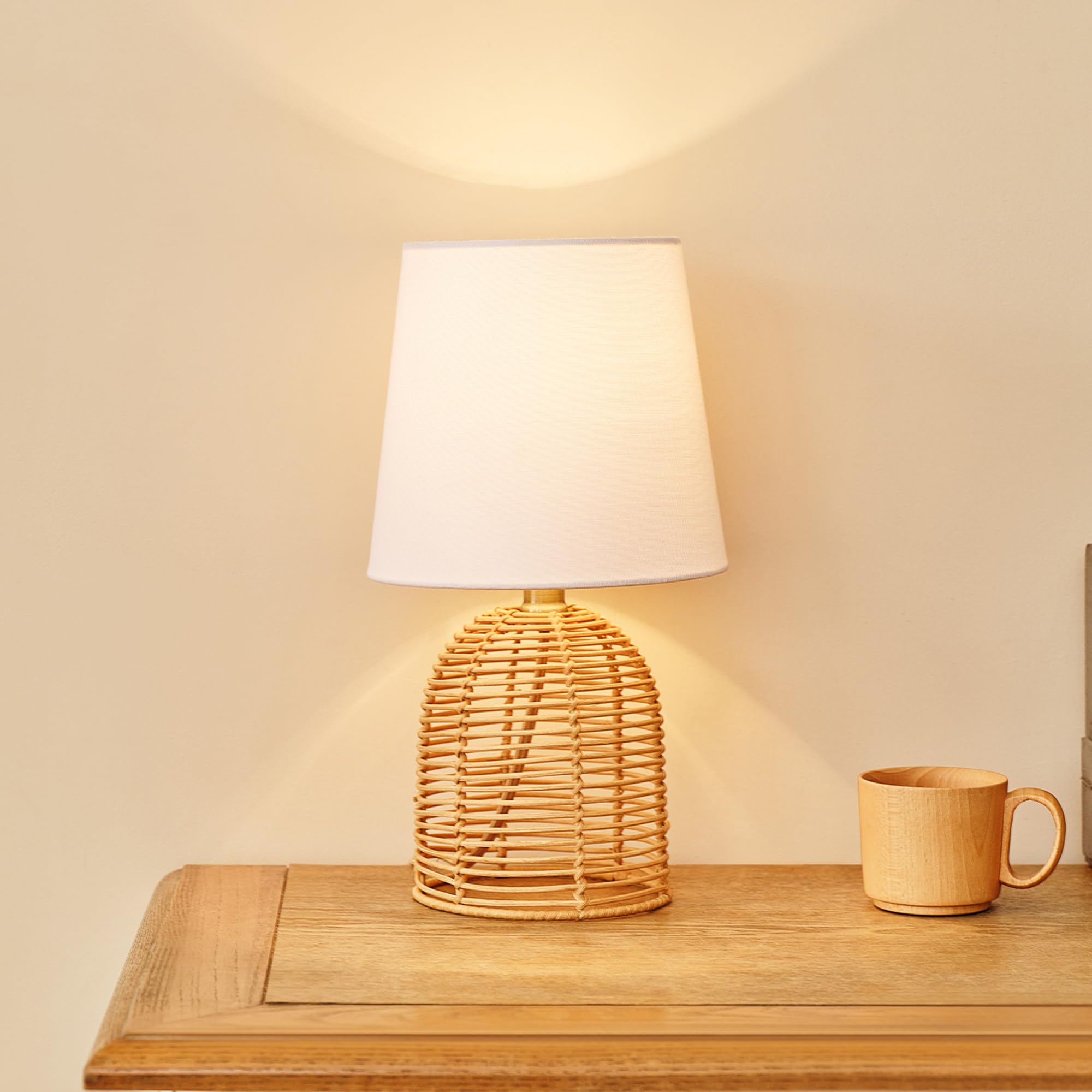 Globe Electric 61000047 16'' Table Lamp, Rattan Base, White Linen Shade, On/Off Rotary Switch On Socket, Table Lamp For Living R