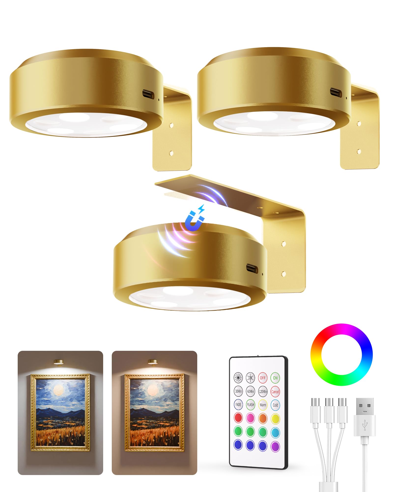 EZVALO Picture Lights, 2000mAh Rechargeable, 3 Color Temps & 12 RGB, Remote Dimmable, 3 Pack, Gold, Model TL-01