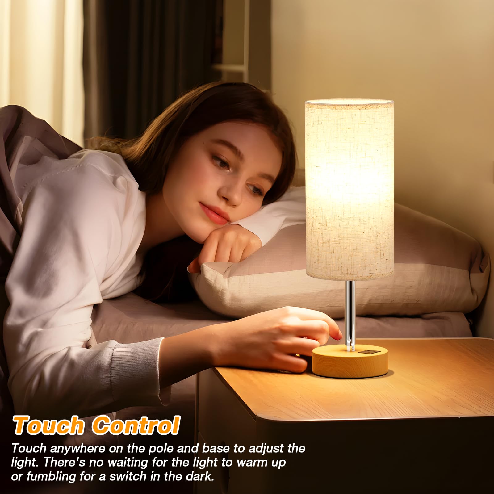 Touch Bedside Table Lamp With Usb - 3 Way Dimmable Wood Lamp For Bedroom Nightstand, Desk Lamp With Charging Station For Dorm, Living Room, Office, Kids Room, Nursery, Small