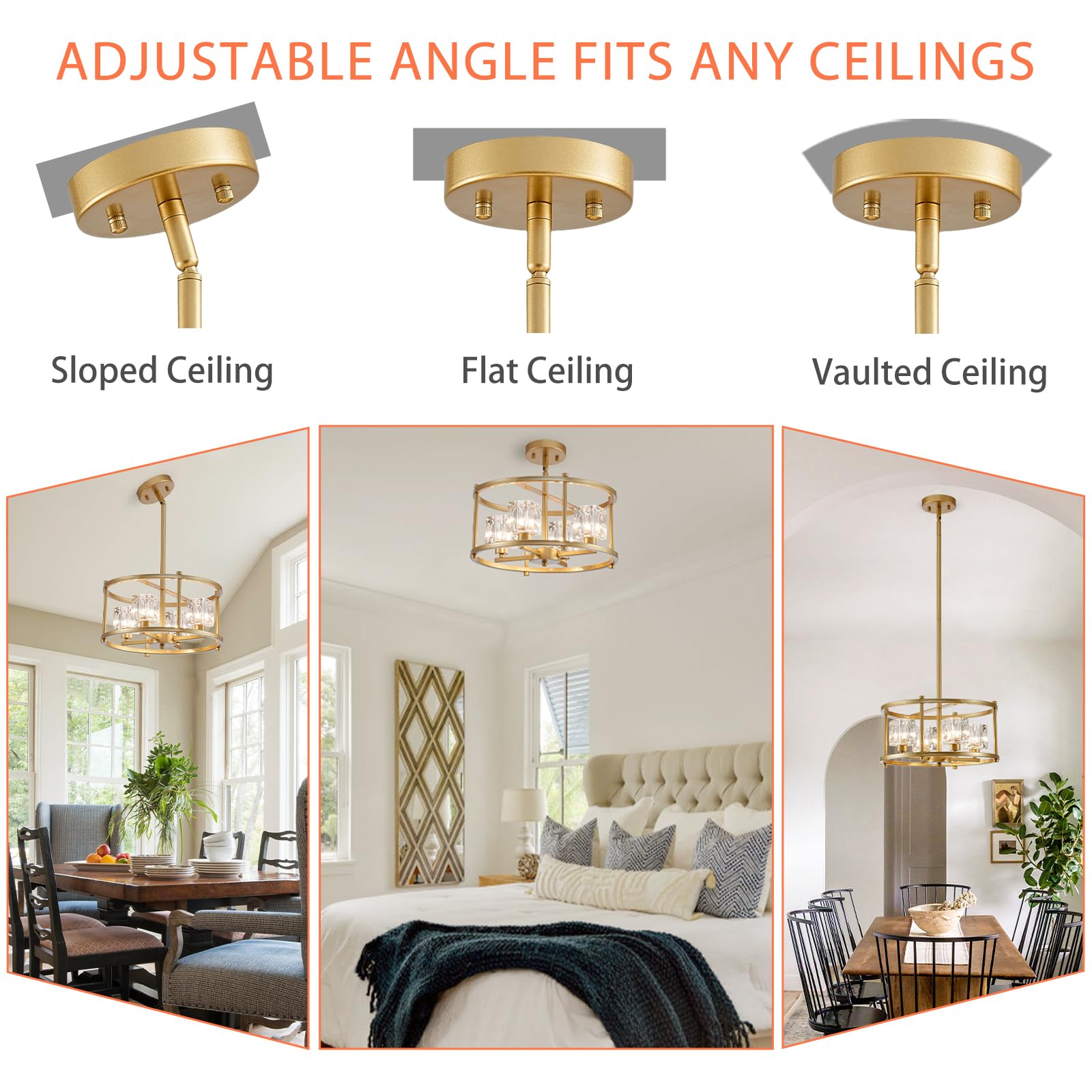 Majhoiw Modern Gold 4-Light Drum Chandelier - Farmhouse Pendant Lighting for Dining Room, Round-Gold Metal Ceiling Fixture