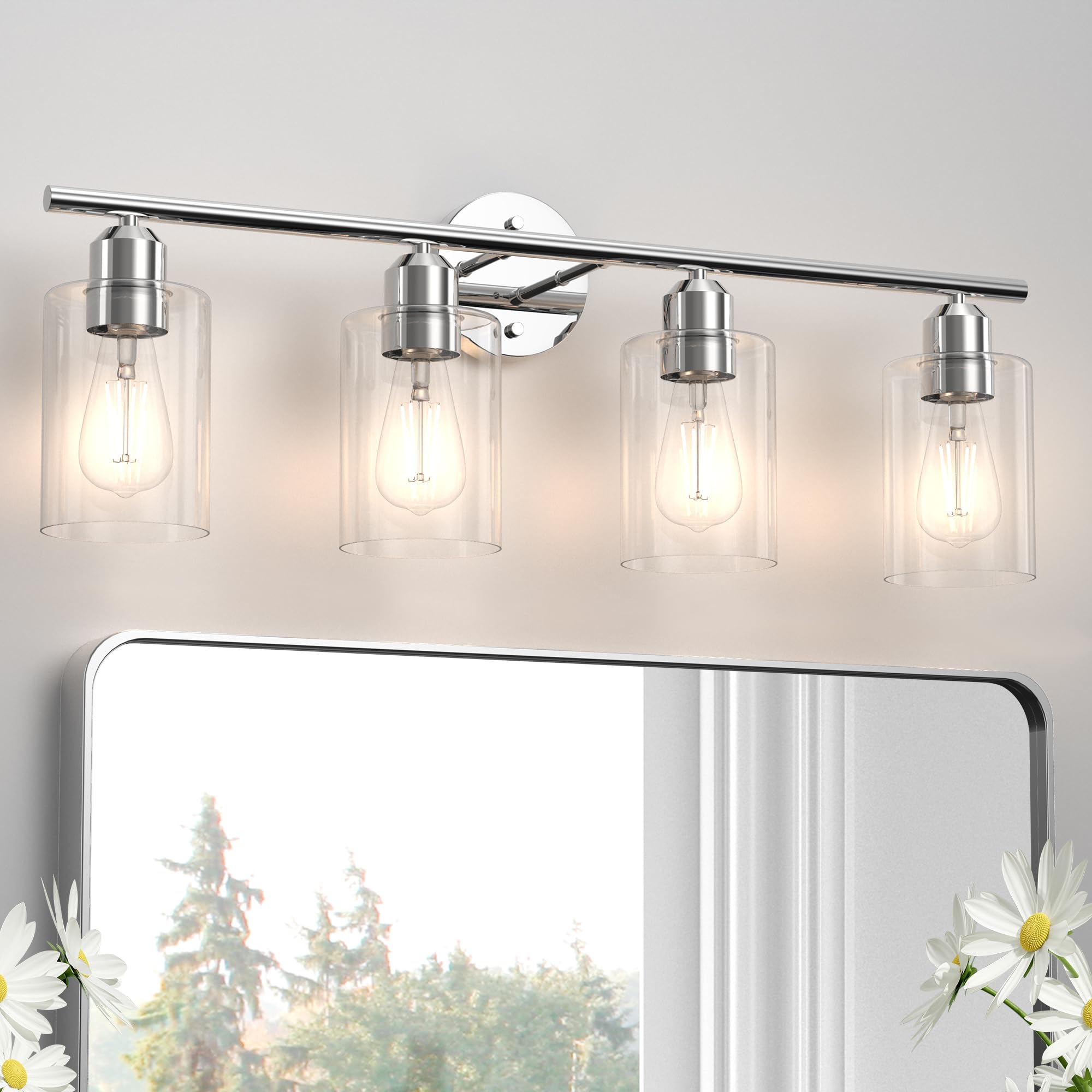 Espird Bathroom Vanity Light Fixtures, 4 Lights, Polished Chrome, Metal, Model L01-4-GE, Rustic Farmhouse Over Mirror Lighting