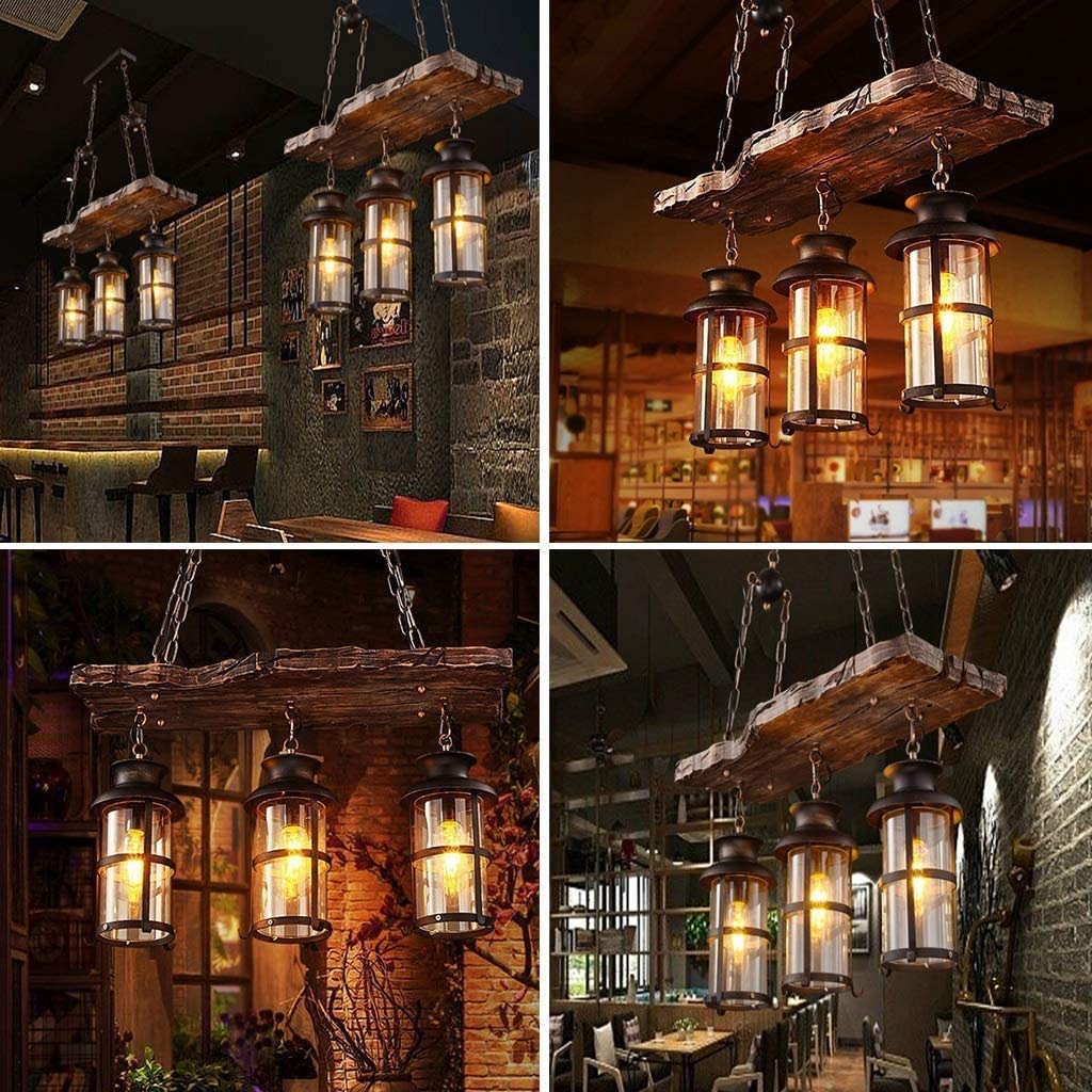 Wood Retro Pendant Lighting Industrial Vintage Chandelier Black Metal Bedroom Restaurant Suspension Lamp Cage Frame With Glass S
