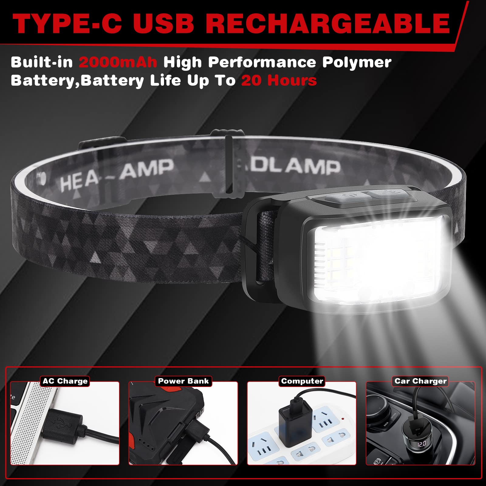 Headlamp Rechargeable,2 Pack 2000 Lumen Ultra Bright Led Headlamp,16 Modes Motion Sensor Head Lamp,Waterproof Lightweight White Red Led Flashlight For Camping,Cycling,Running,Headlamps For Adults