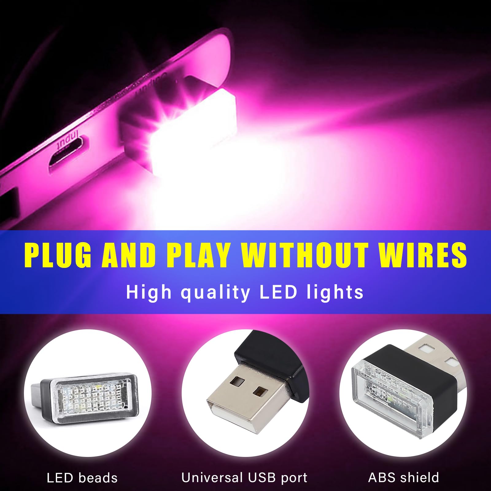 Augeny Usb Led Car Interior Atmosphere Lamp, Portable Night Light Kit, Universal Fit, Purple