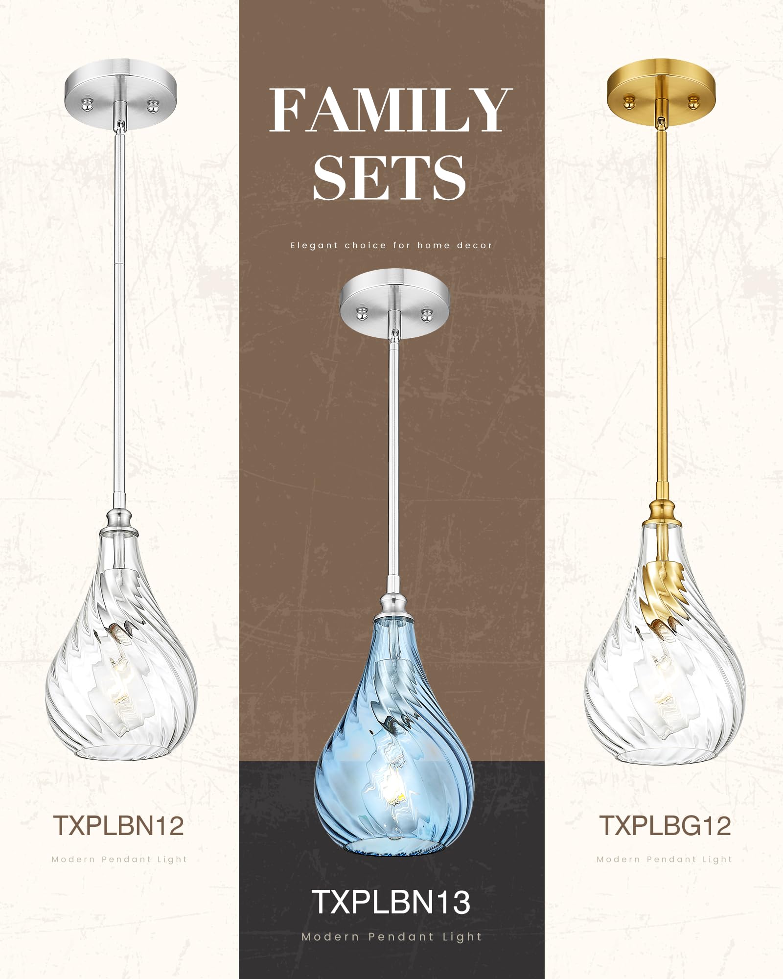 Tengxin 2 Pack Island Pendant Lights, Brushed Gold Striped Glass, Farmhouse Style For Dining Room & Bedroom, Txplbn13-2