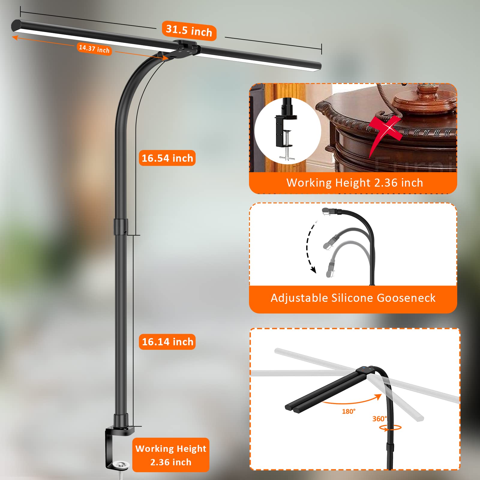 Ksunun Double Head LED Desk Lamp - 24W, 5 Color Modes, Dimmable, Eye Protection - Big, Black, Model: zydgjpl-0012