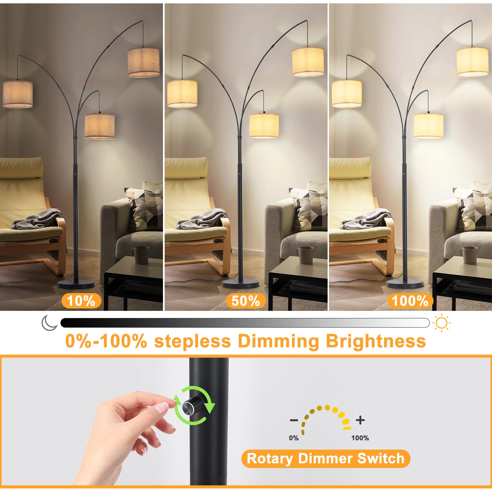 DINGLILIGHTING Modern 3-Light Floor Lamp, Black Metal with Beige Shades, Dimmable Arc Design, Model WS-MNF27-60B-BG