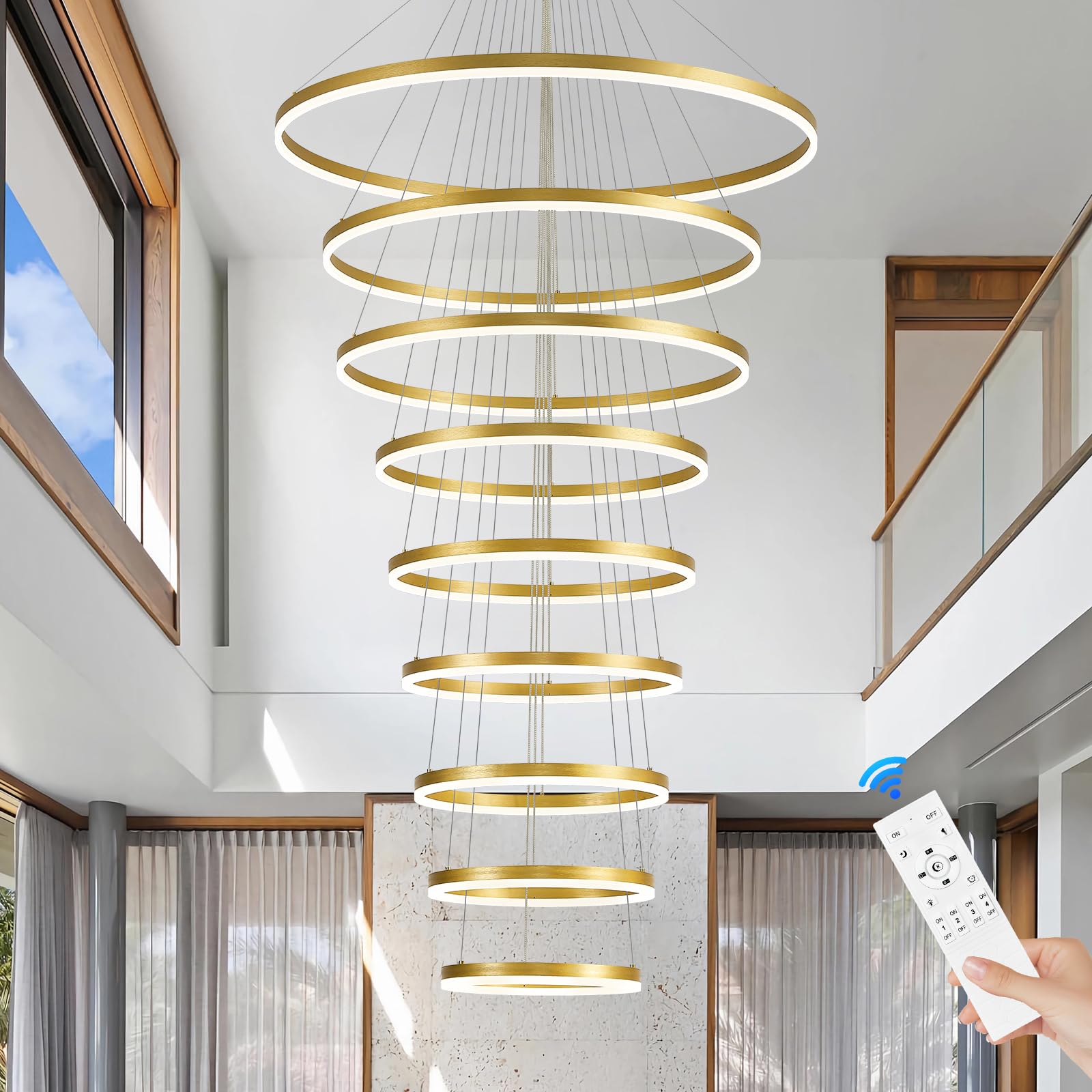Benkut 9 Rings Modern LED Chandelier Gold Dimmable Large Foyer Chandeliers Entryway High Ceiling for Staircase  High Ceiling Pendant Lights for Entryway Living Room  3000K-6500K CCT