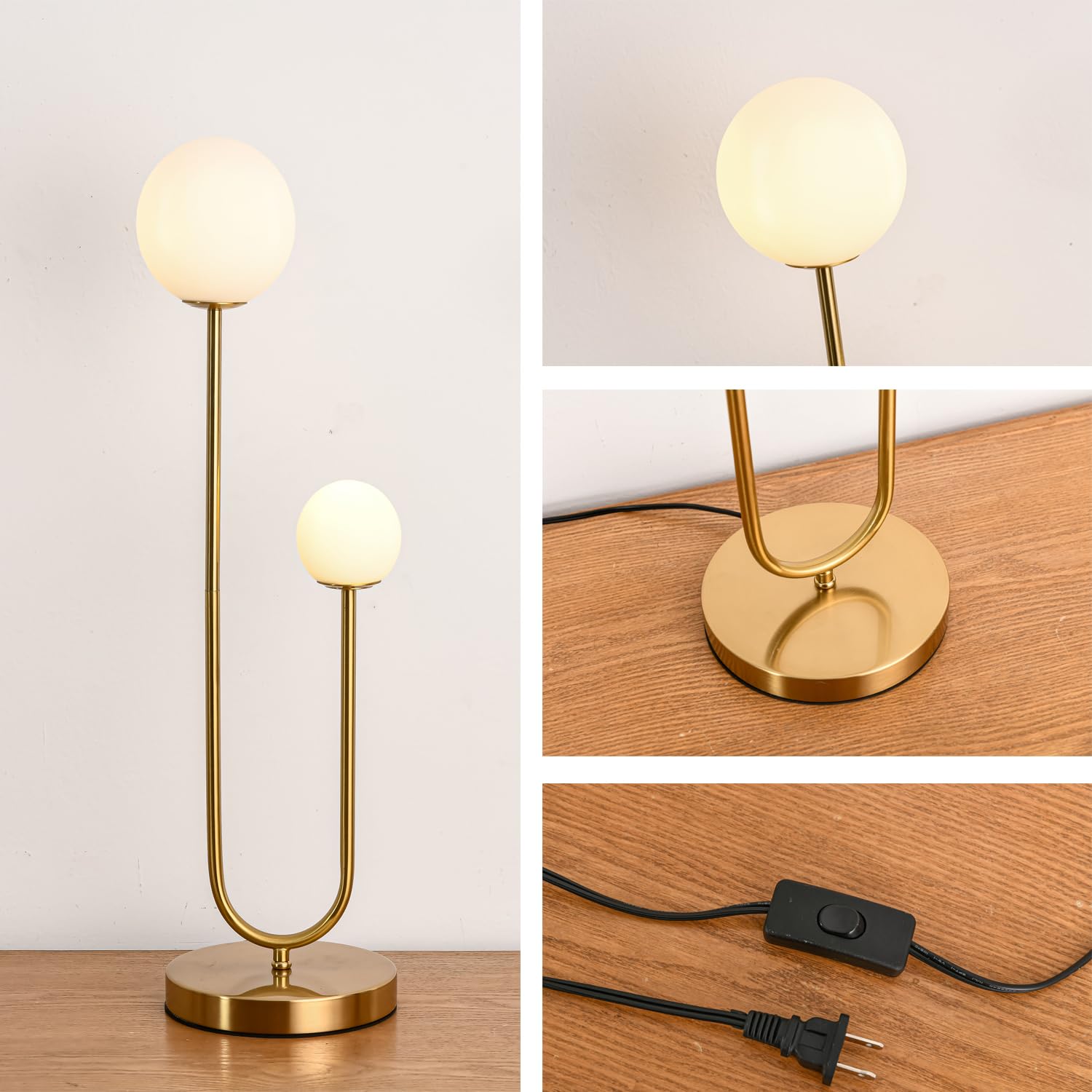 AMARTIZ Mid Century Gold Globe Table Lamp, 2-Light U-Shape Design, Milk White Glass Shade, Model T3000, Ideal for Bedroom Nightstand