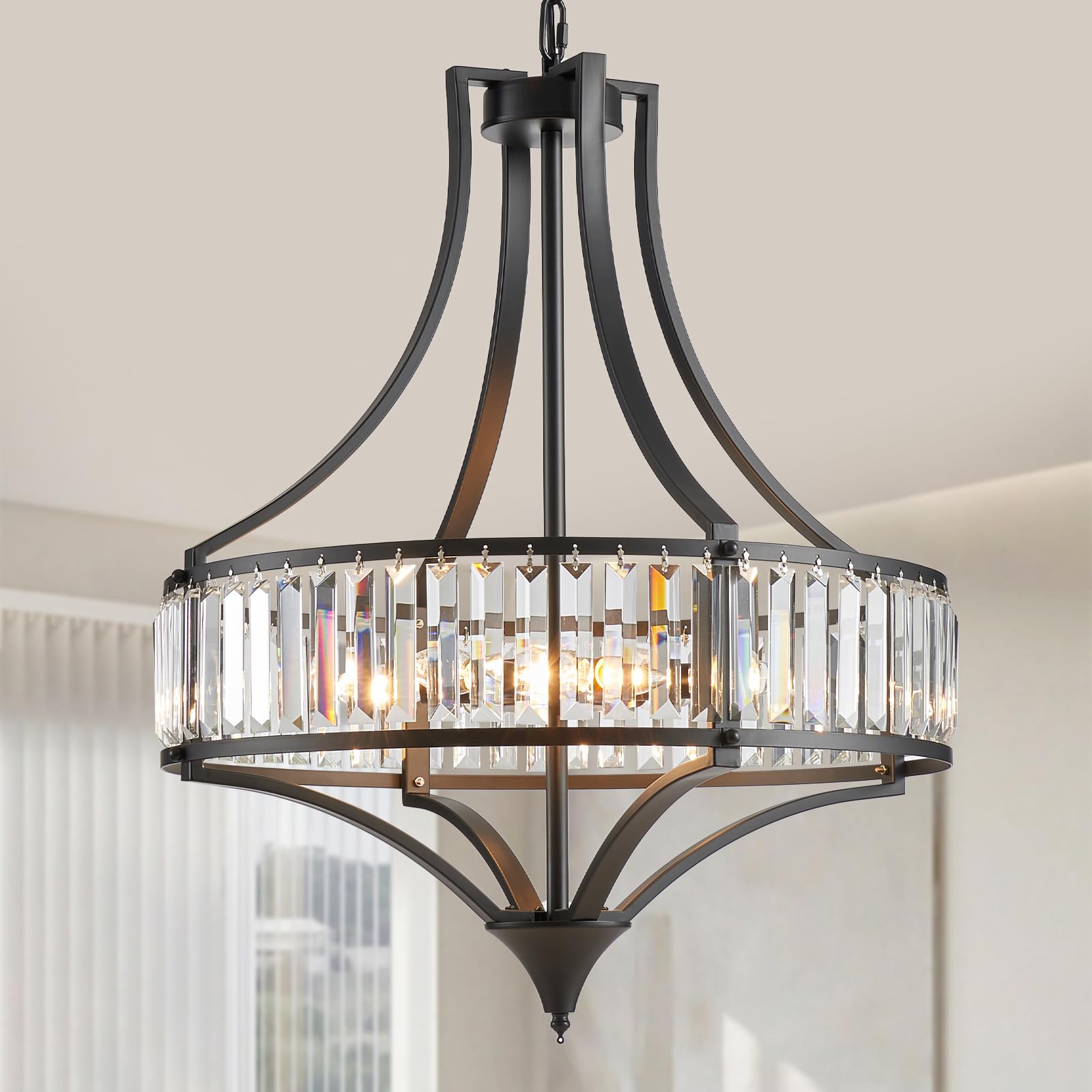 Majhoiw Crystal Chandeliers for Dining Room Rustic Farmhouse Chandelier with Round Metal Shade 6-Light Black Large Crystal Light