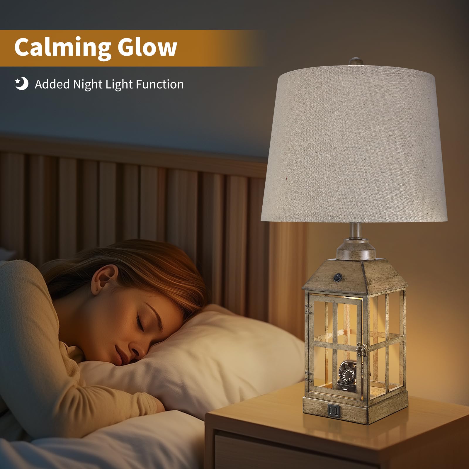 Lovlast Farmhouse Table Lamps Set of 2 with USB Port & Nightlight, 25" Rustic Wood, LED Bulbs Included, Model T4725