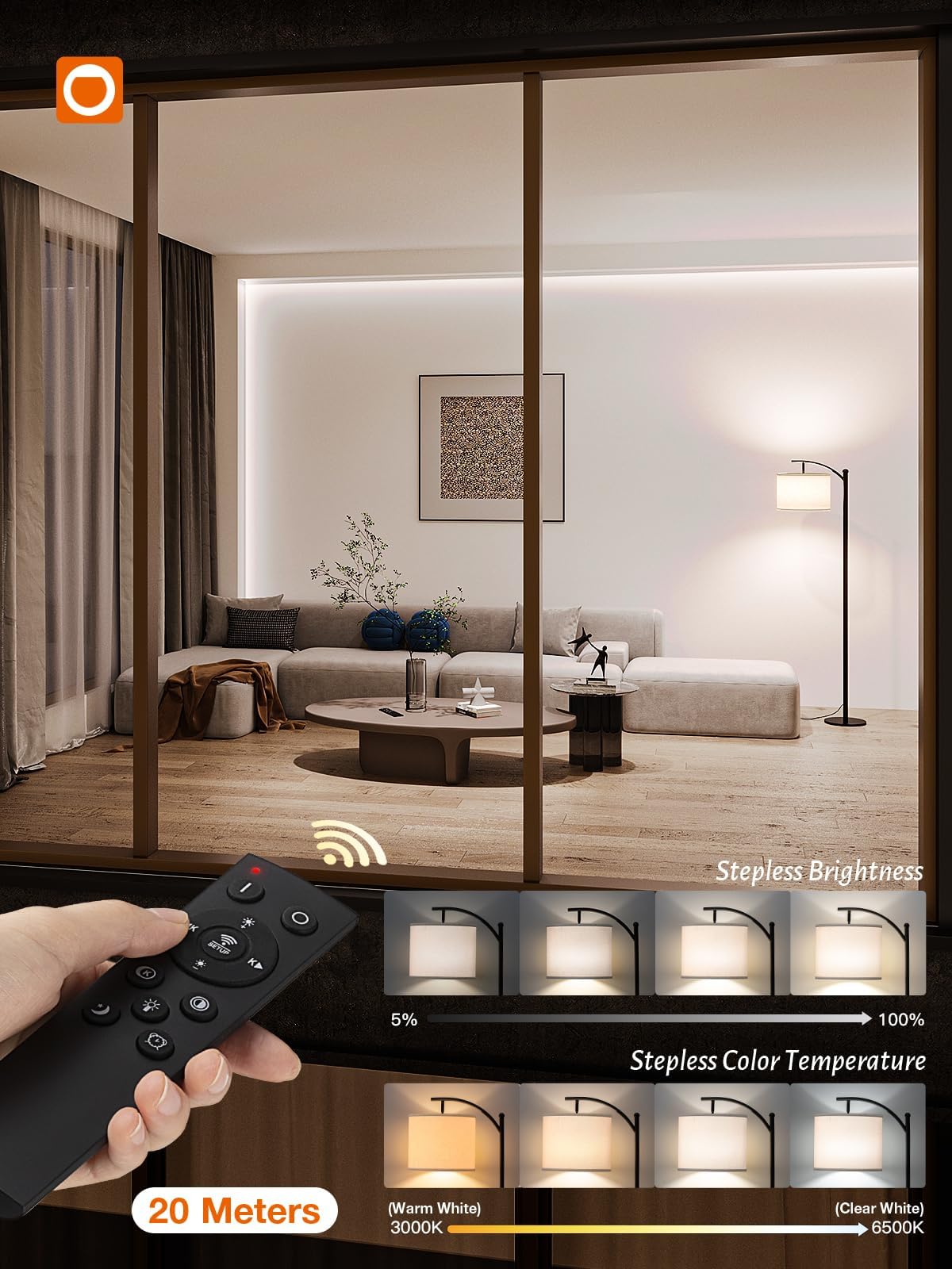 addlon Floor Lamp - Dimmable Remote Control Standing Lamp with Linen Shade, 9W LED Bulb Included, Black & Beige, Model YY-03
