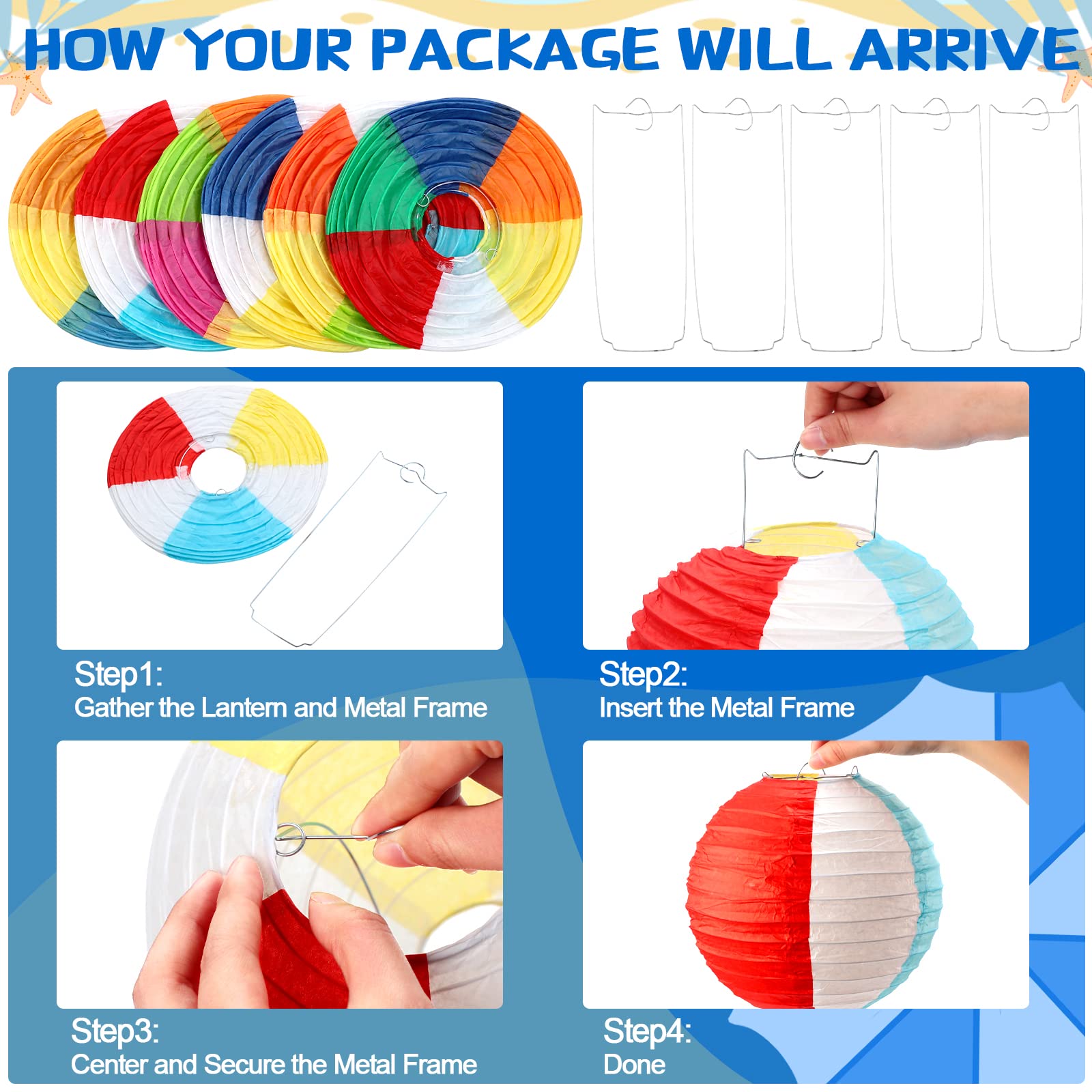 Frienda Beach Ball Paper Lanterns - 6 Pcs Colorful Summer Pool Party Decorations, Metal, Beach Ball Style