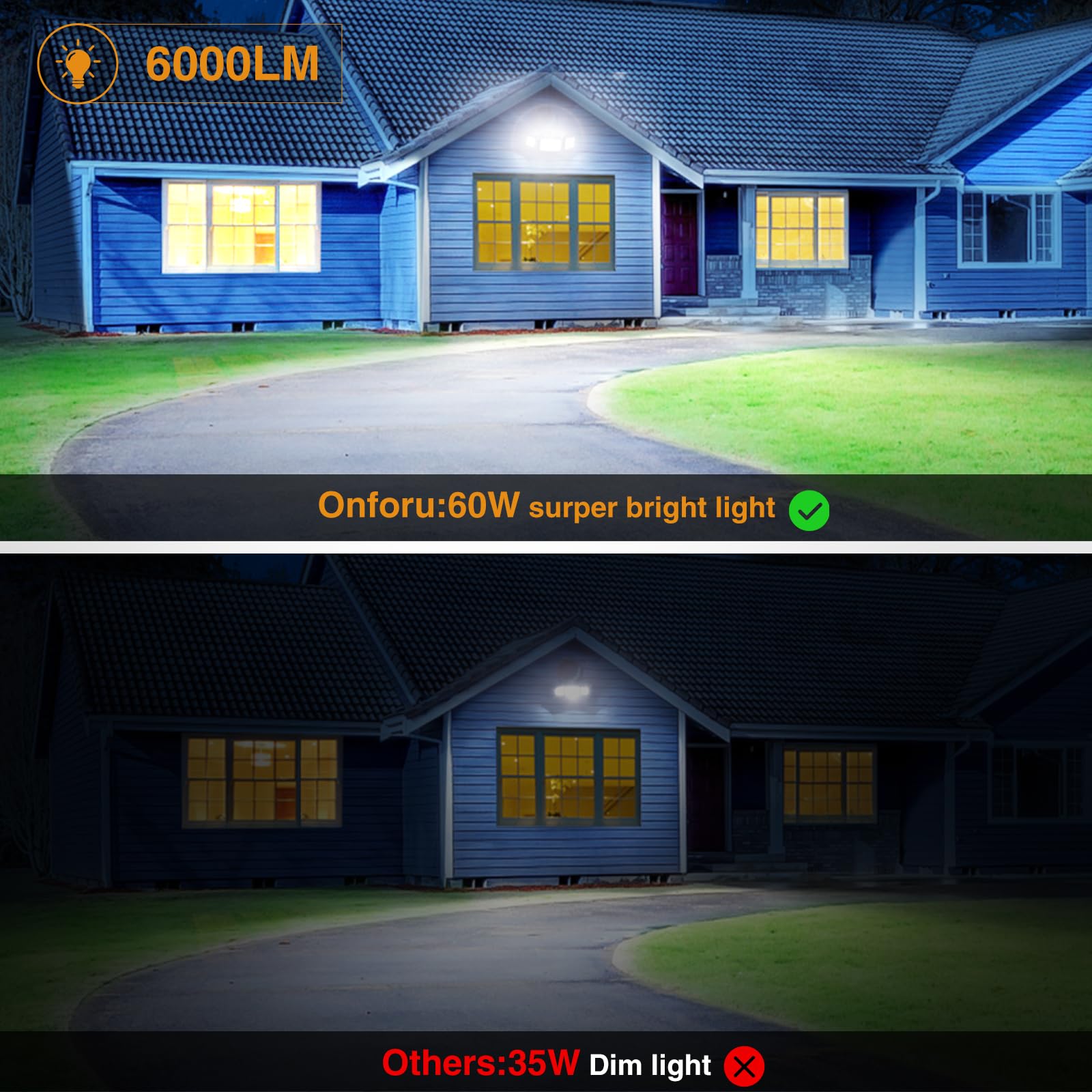 Onforu 3 Packs 60W LED Security Light, 6000LM, IP65 Waterproof, 6500K White, Adjustable Heads, Outdoor Fixture, Model BDB60-3,