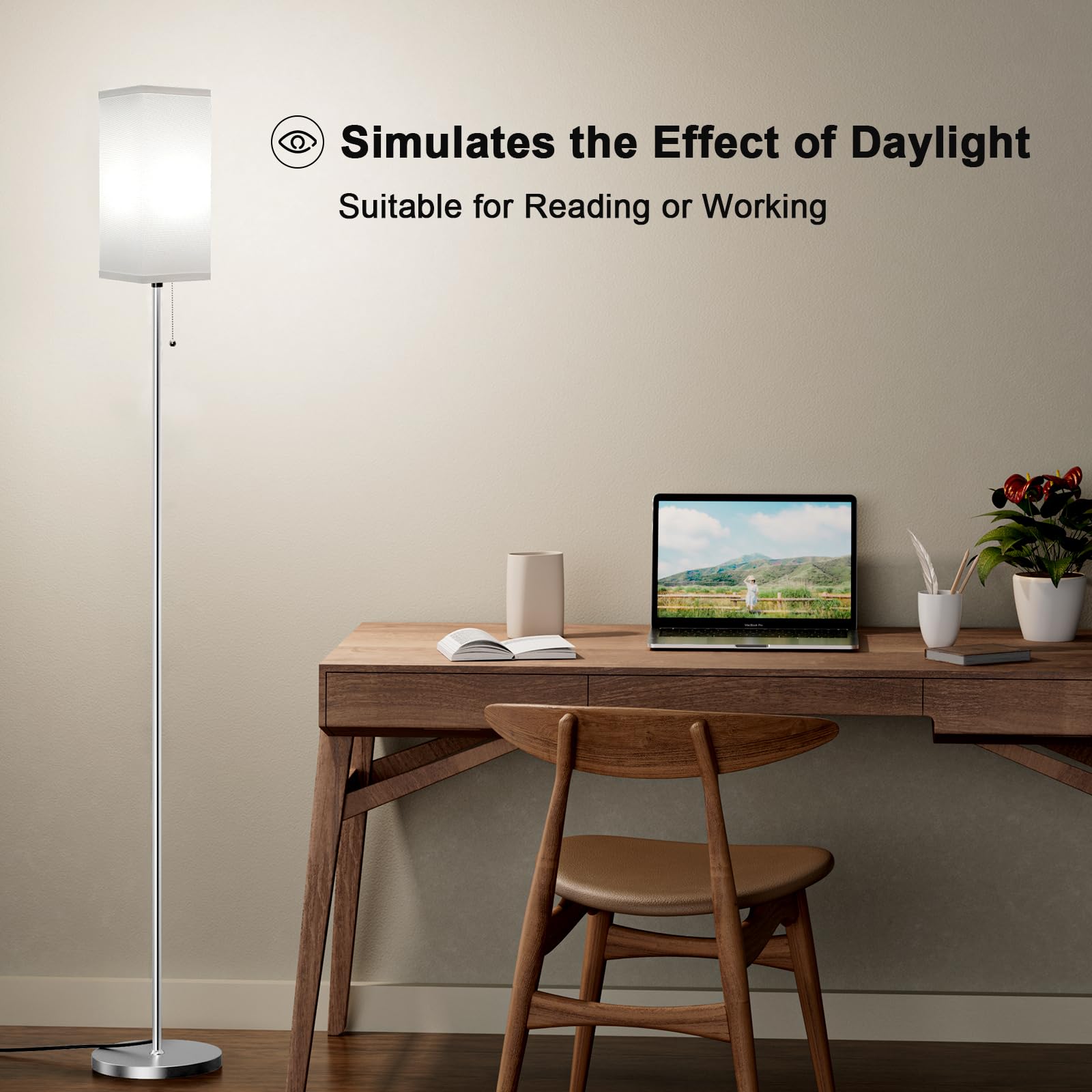 Floor Lamp For Living Room Bedroom - 3 Color Temperature Silver Standing Lamps With Pull Chain Switch, Modern Tall Lamp For Offi