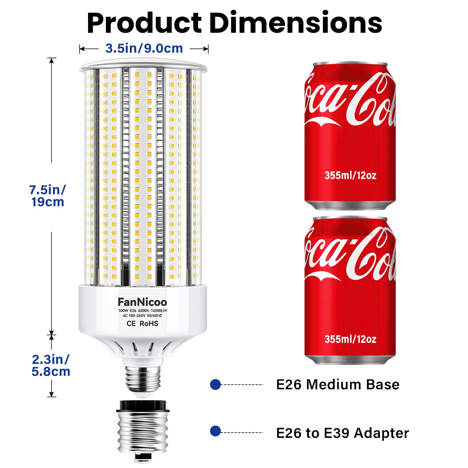 FanNicoo 2 Pack 100W LED Corn Bulbs, 1200W Equivalent, 14500 Lumen, 6500K Daylight White, E26/E39 Base,