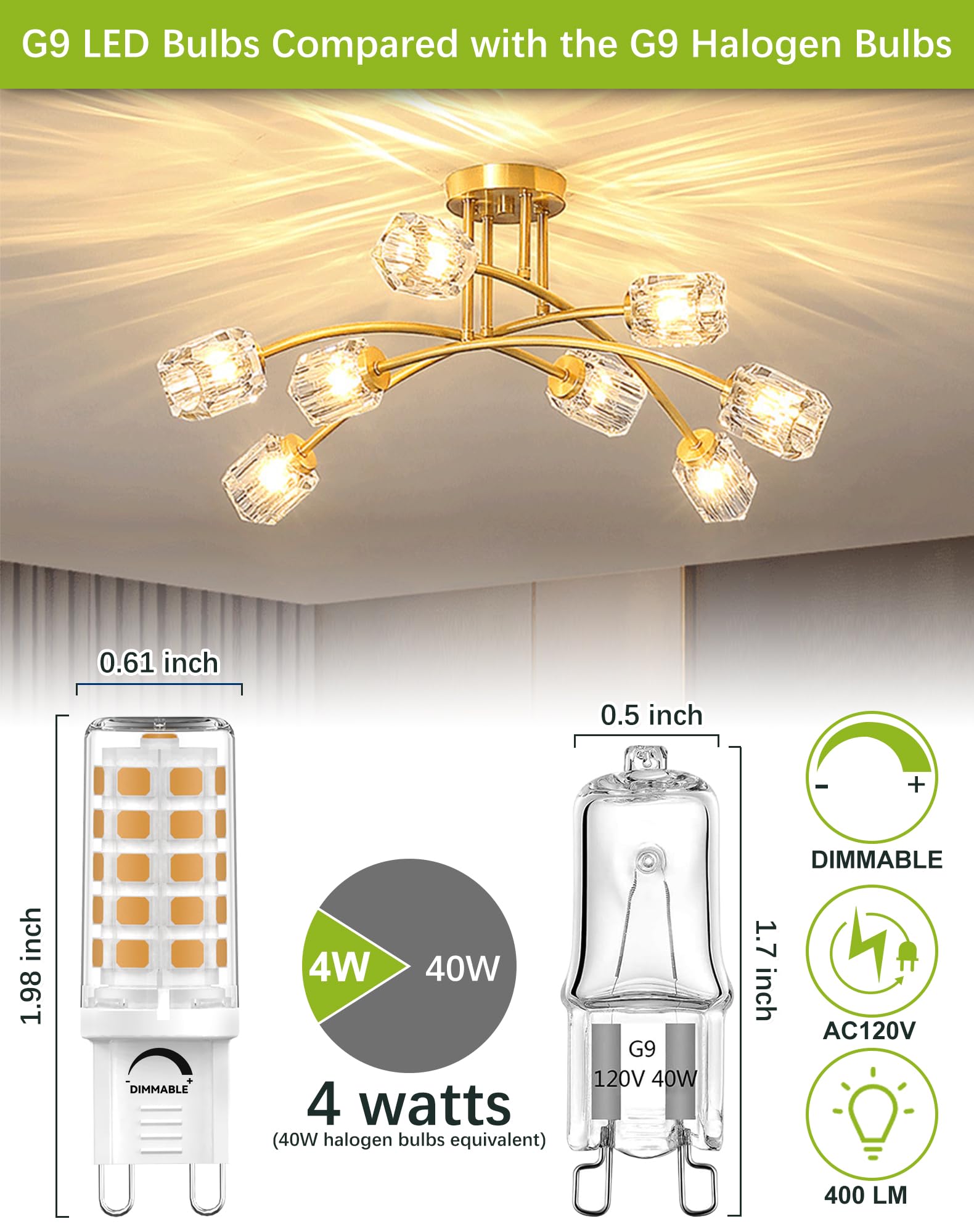 Gohdlamp G9 Led Bulbs Dimmable, 40W Equivalent 120V, 3000K Warm White, 400 Lumens, G9 Light Bulbs For Chandelier, 6 Pack