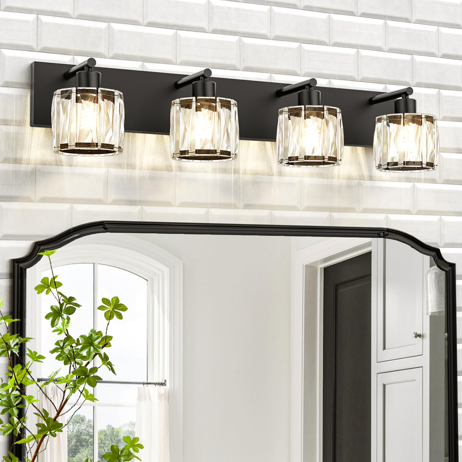 VOLISUN Crystal Vanity Lights for Bathrooms  4 Light Bathroom Vanity Light  Modern Matte Black Bathroom Light Over Mirror  Black Bathrooms Lights Fixtures-UL Certificated(Exclude Bulb)