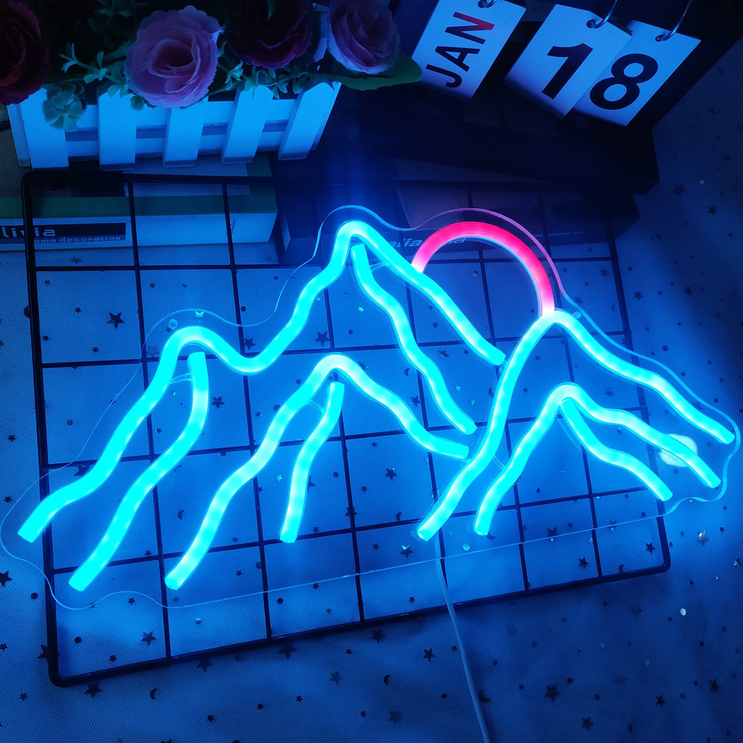 GMMLLG Dimmable Mountain Neon LED Light Sign, 16.9inx8in, Ice Blue & Red, Strong Transparent Acrylic for Bedroom & Living Room Decor
