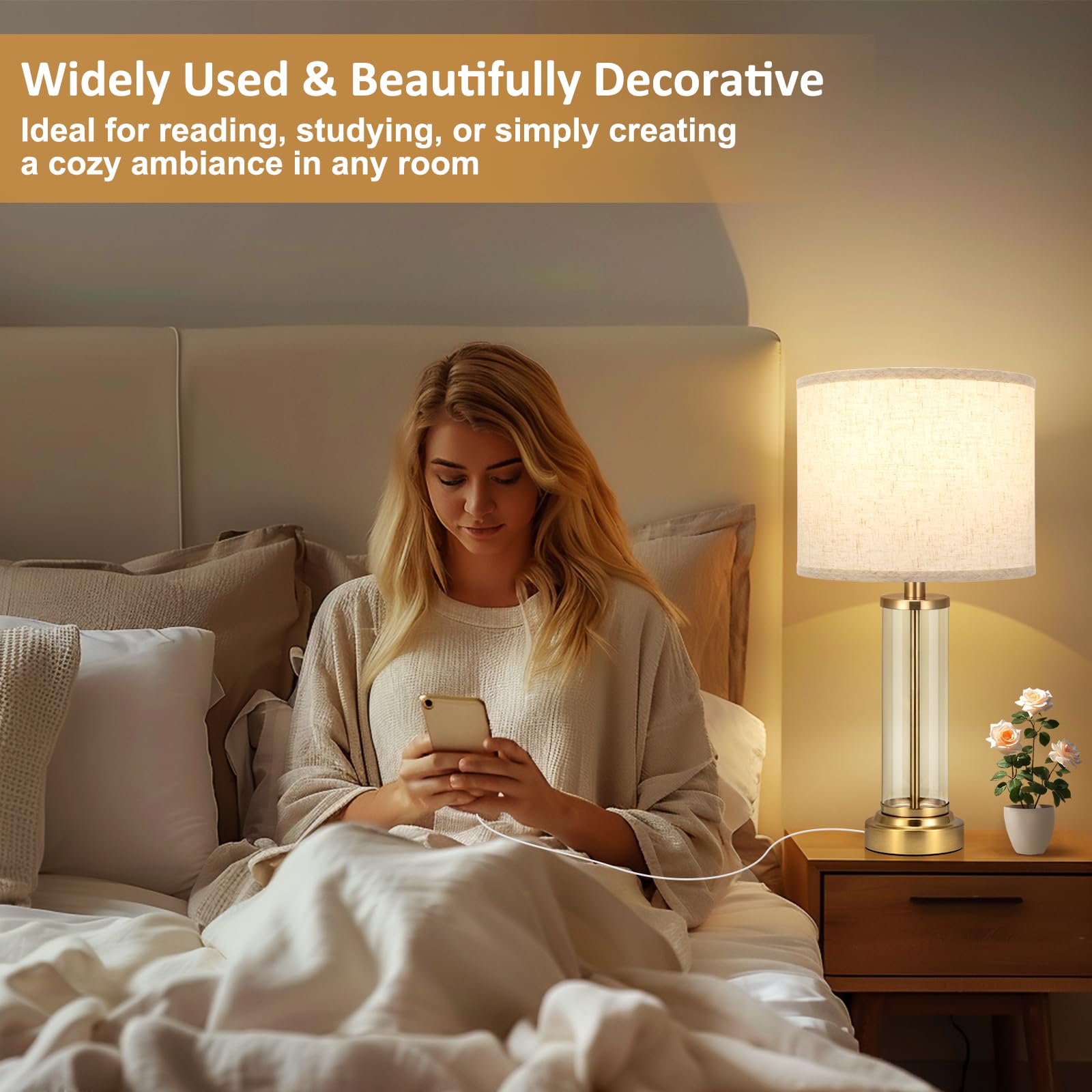 Beige Gold Bedroom Lamps Set Of 2 - Touch Bedside Lamp For Night Stands With Usb C+A, 3 Way Dimmable Nightstand Table Lamps For