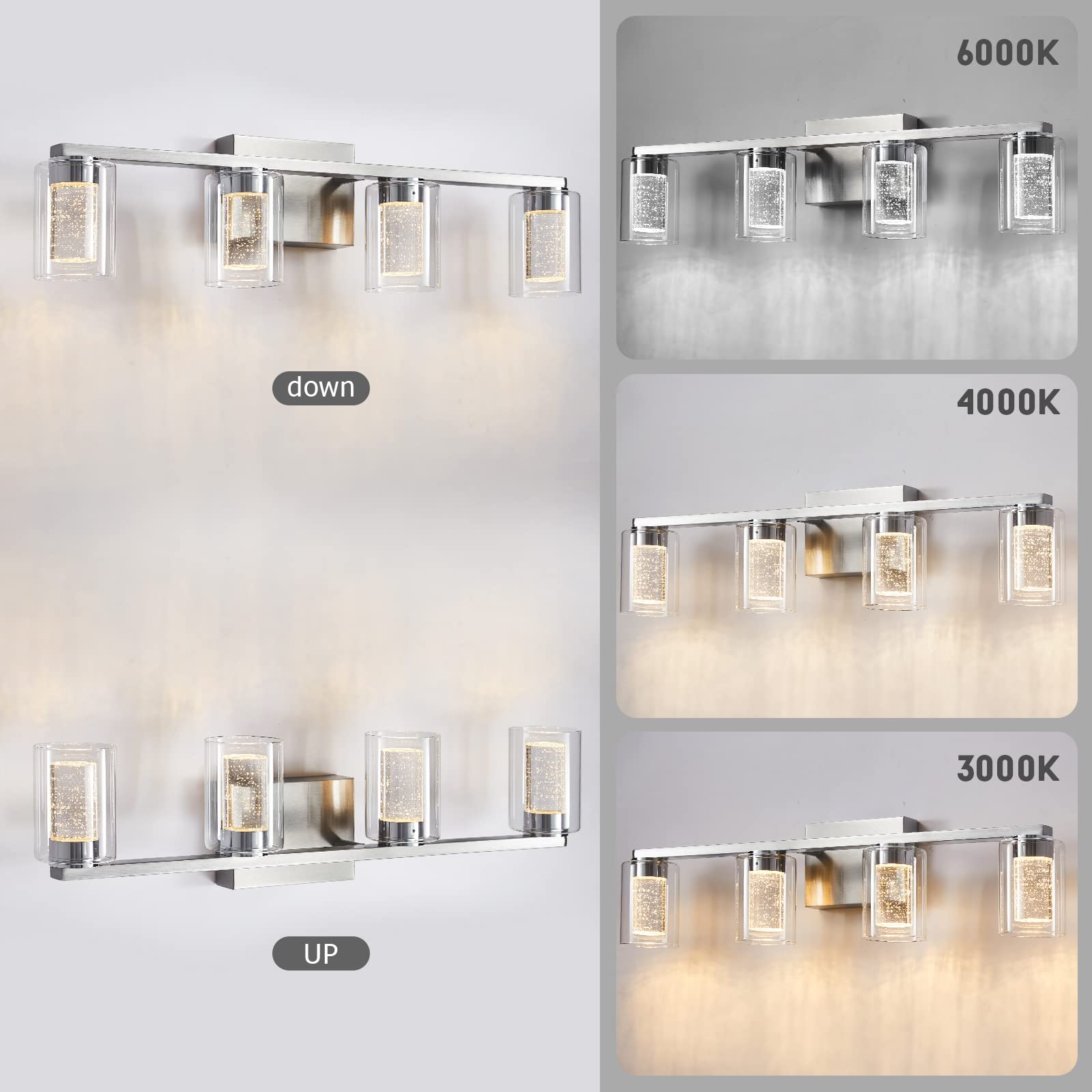SADENICEL 4-Light Bathroom Light Fixtures, Brushed Nickel, Dimmable LED White/Neutral/Warm Crystal Bathroom Vanity Lights Over M