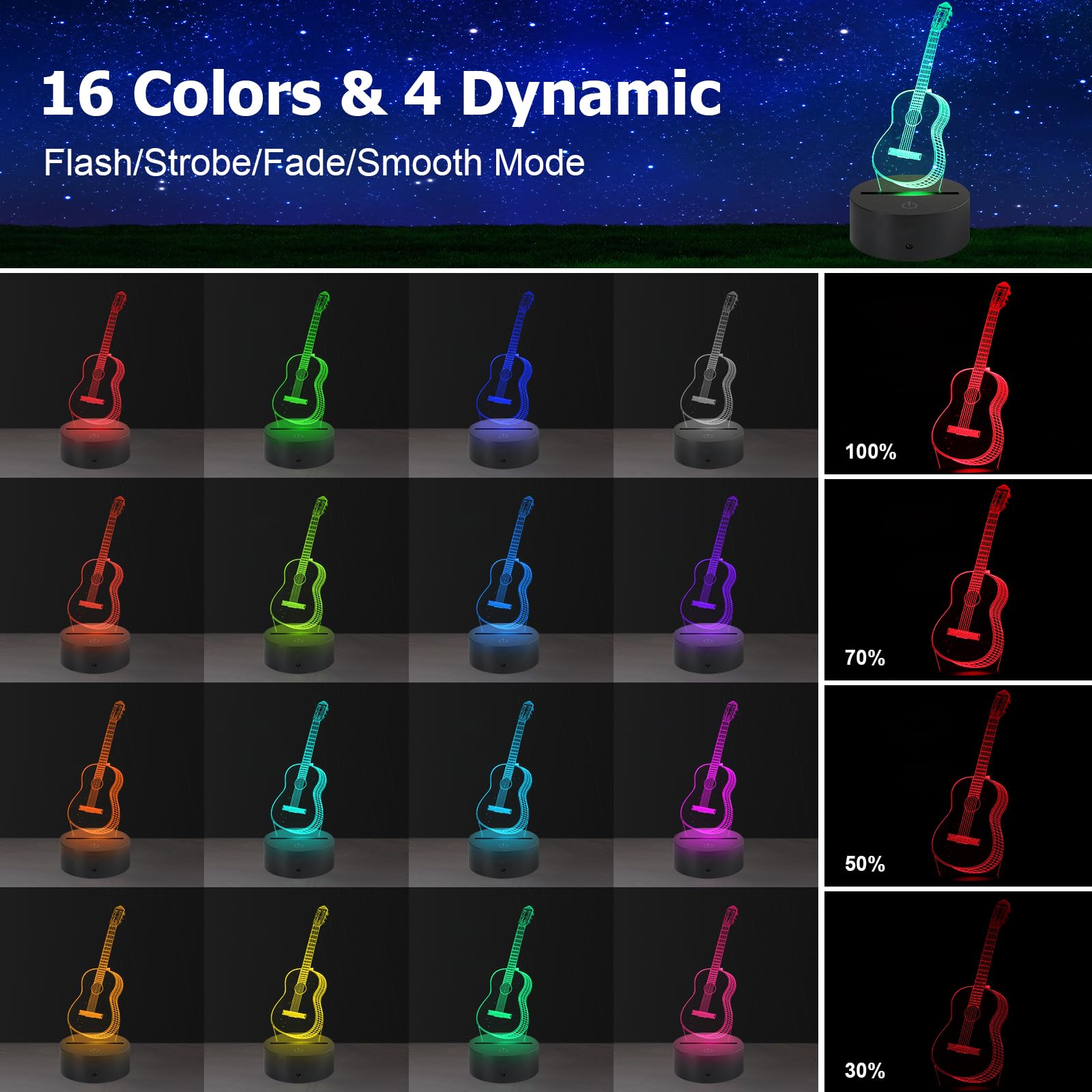 AZIMOM 3D Guitar Illusion Lamp Night Light, 16 Colors, Smart Touch Remote, Acrylic, Multicolor, Model 1, Home Decoration for Kids and mature-themeds