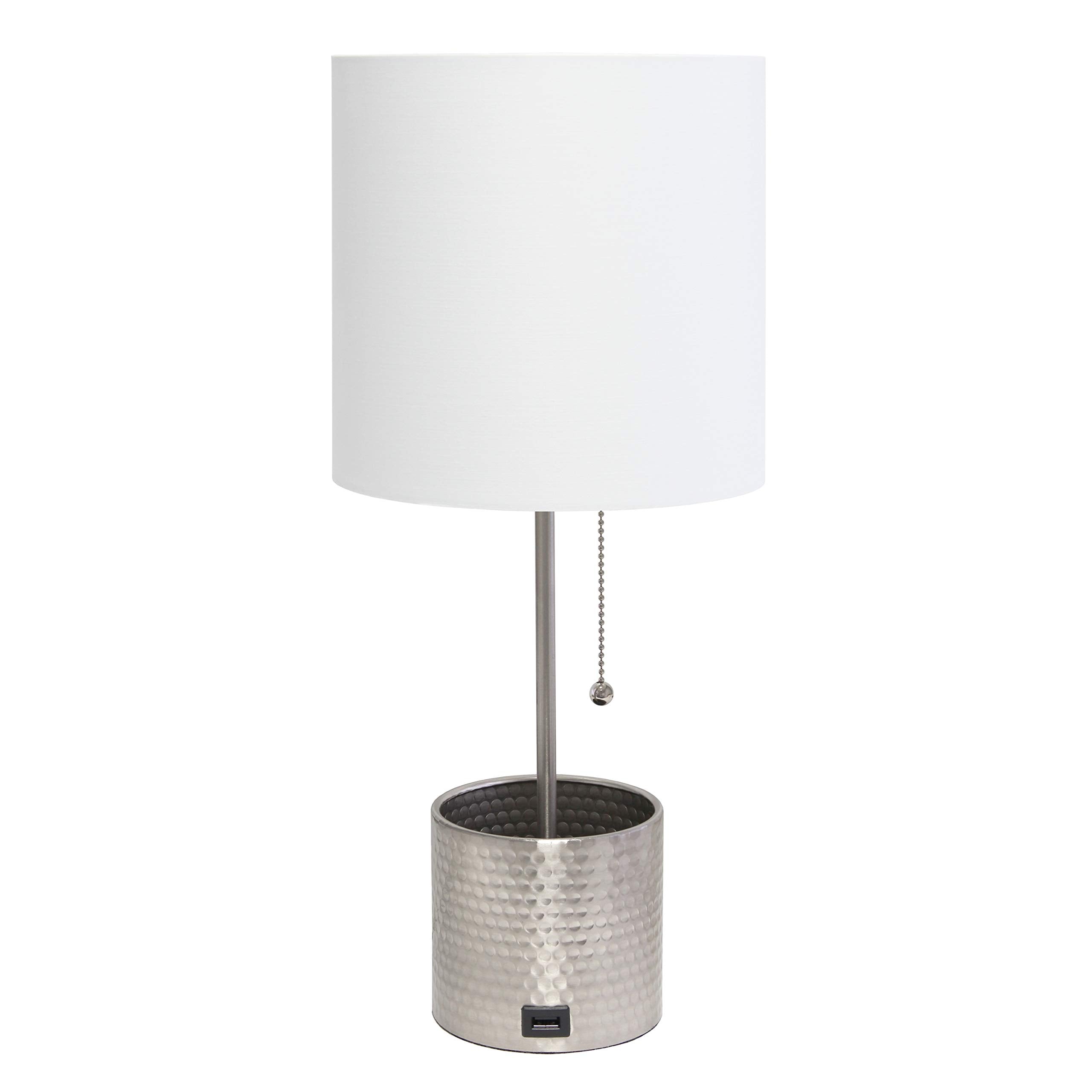 Simple Designs Lt1085-Bsn Hammered Metal Organizer Table Lamp With Usb Charging Port And Fabric Shade, Brushed Nickel