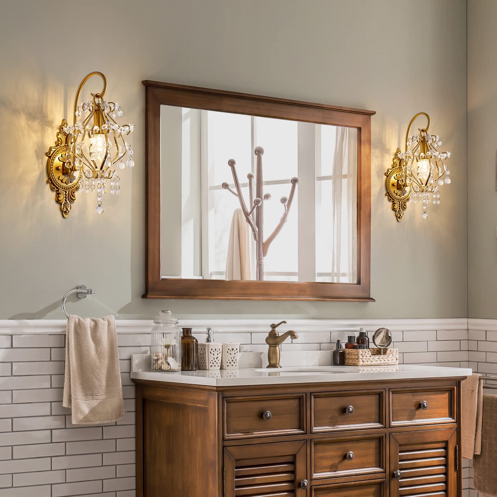 Fetason 2 Pack Vintage Gold Wall Sconces, Crystal Wall Light Fixture, E12 LED for Bedroom, Living Room, Bathroom - Model YY801