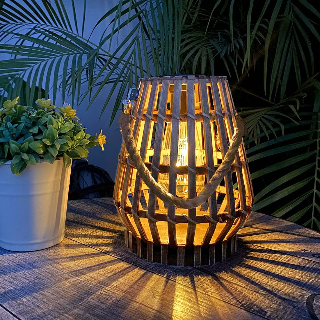 Solar Hanging Lantern Outdoor , Waterproof Natural Bamboo Lanterns with Handle Edison Bulb Design Solar Table Lamp Lights Decora
