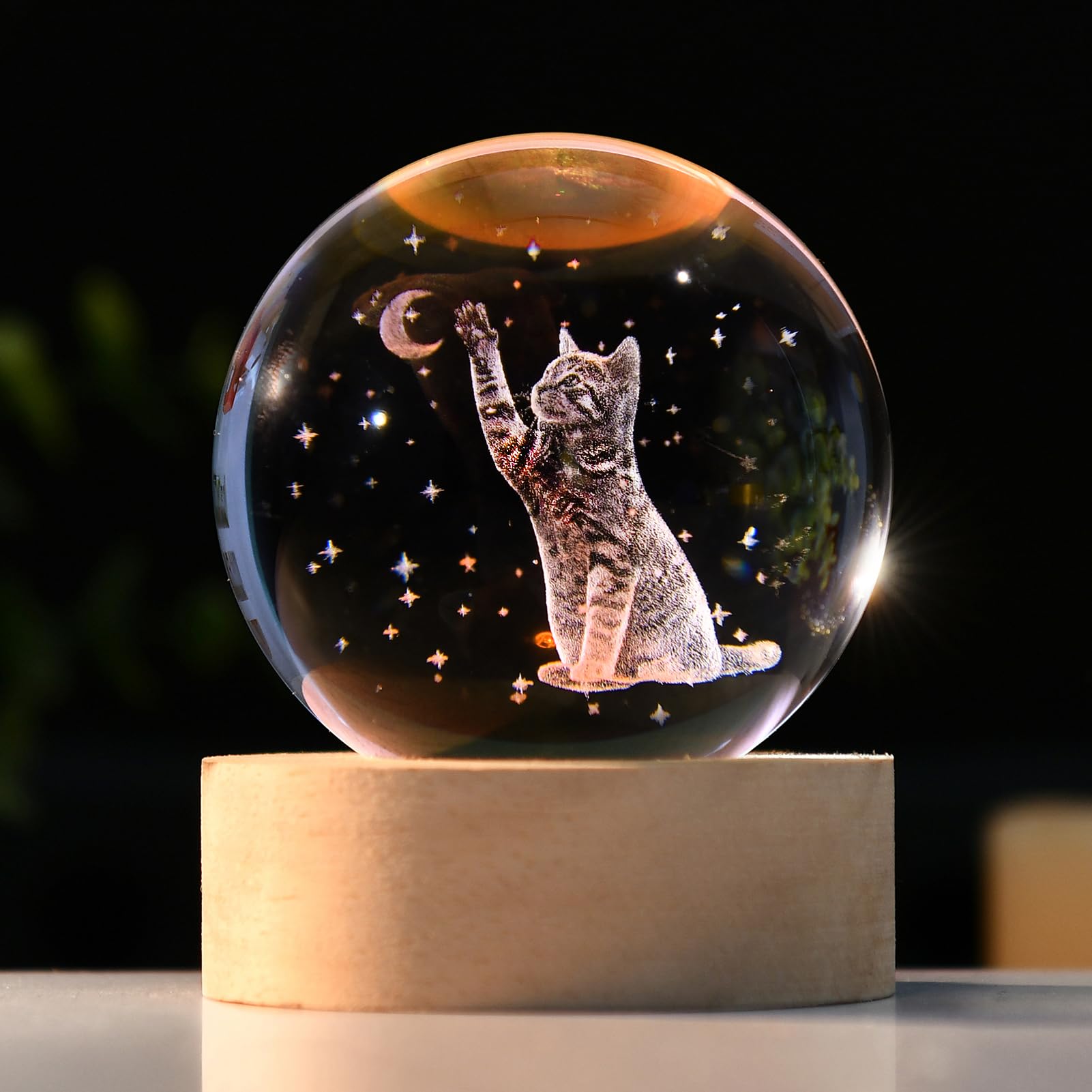 IFOLAINA 3D Cat Themed Gifts for Women Cat Related Sympathy Figurines Decor Presents 2.36'' Laser Engraved Crystal Ball with Woo