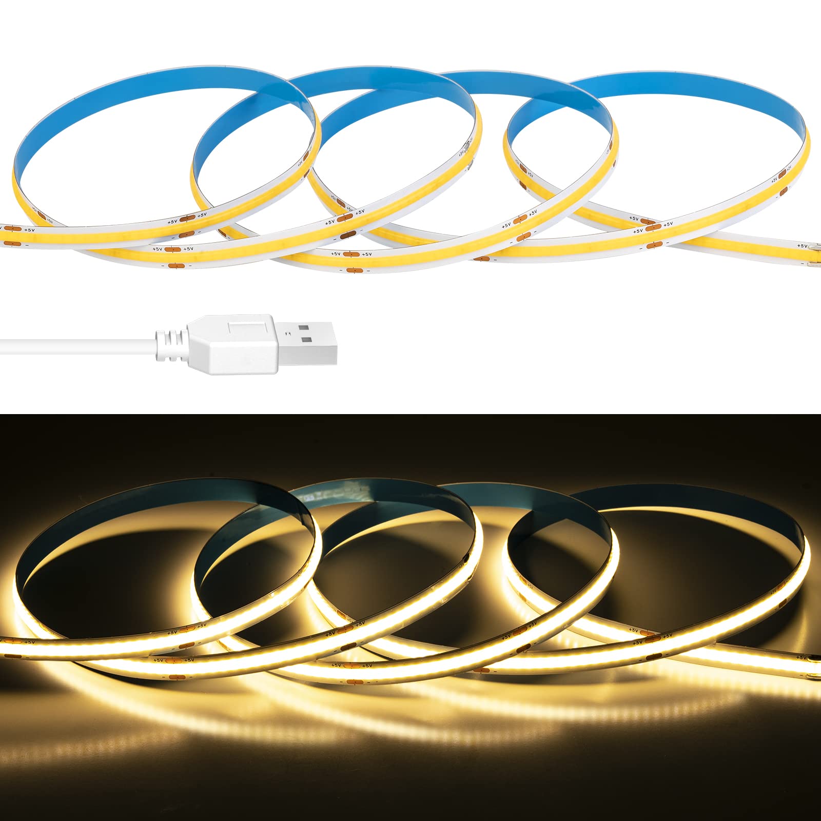 Fcob 6.56Ft Cob Usb Led Strip, Warm White 3000K, Dimmable, High Density, Flexible For Indoor Decoration