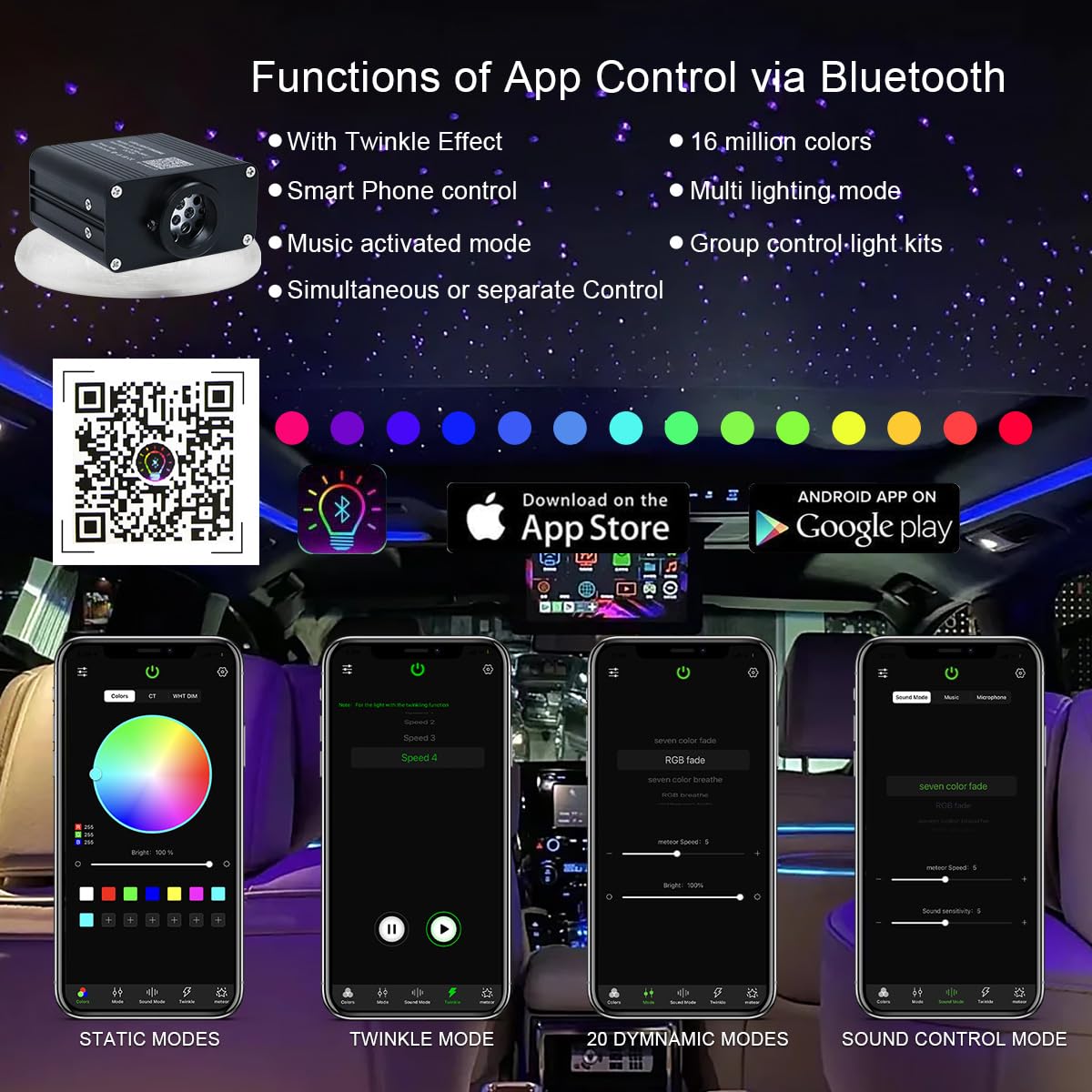 Akepo Small Size 16W Rgbw App Twinkle Fiber Optic Lights, Music Activated 150Pcs 0.03In 6.5Ft/2M Optical Fiber Star Ceiling Ligh