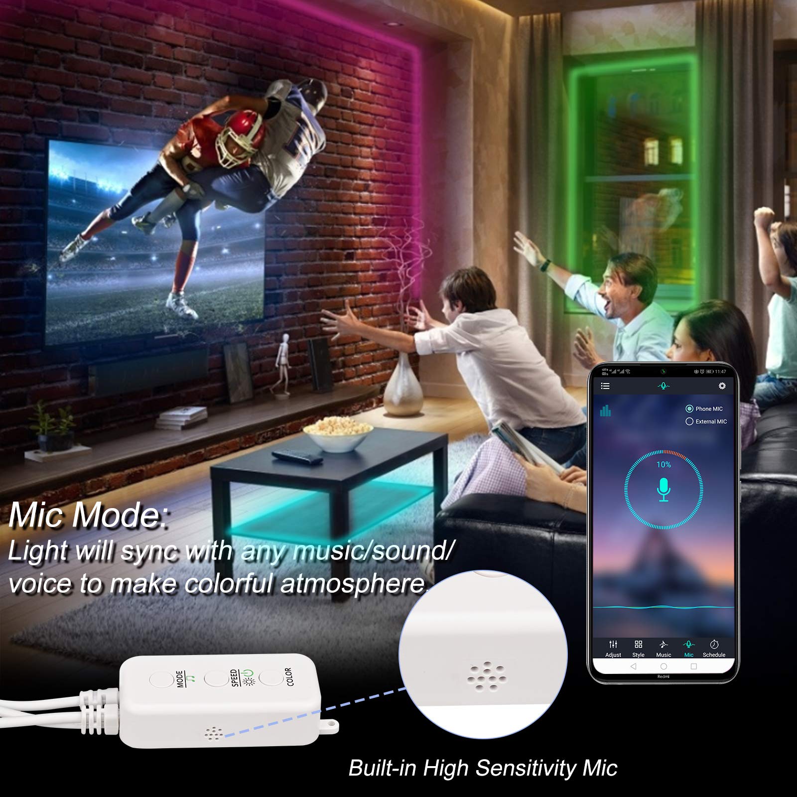 Sunity Led Controller - Bluetooth, Music Sync, Ir Remote For 10Mm Led Strip Lights, White, Model Ledcontroller1