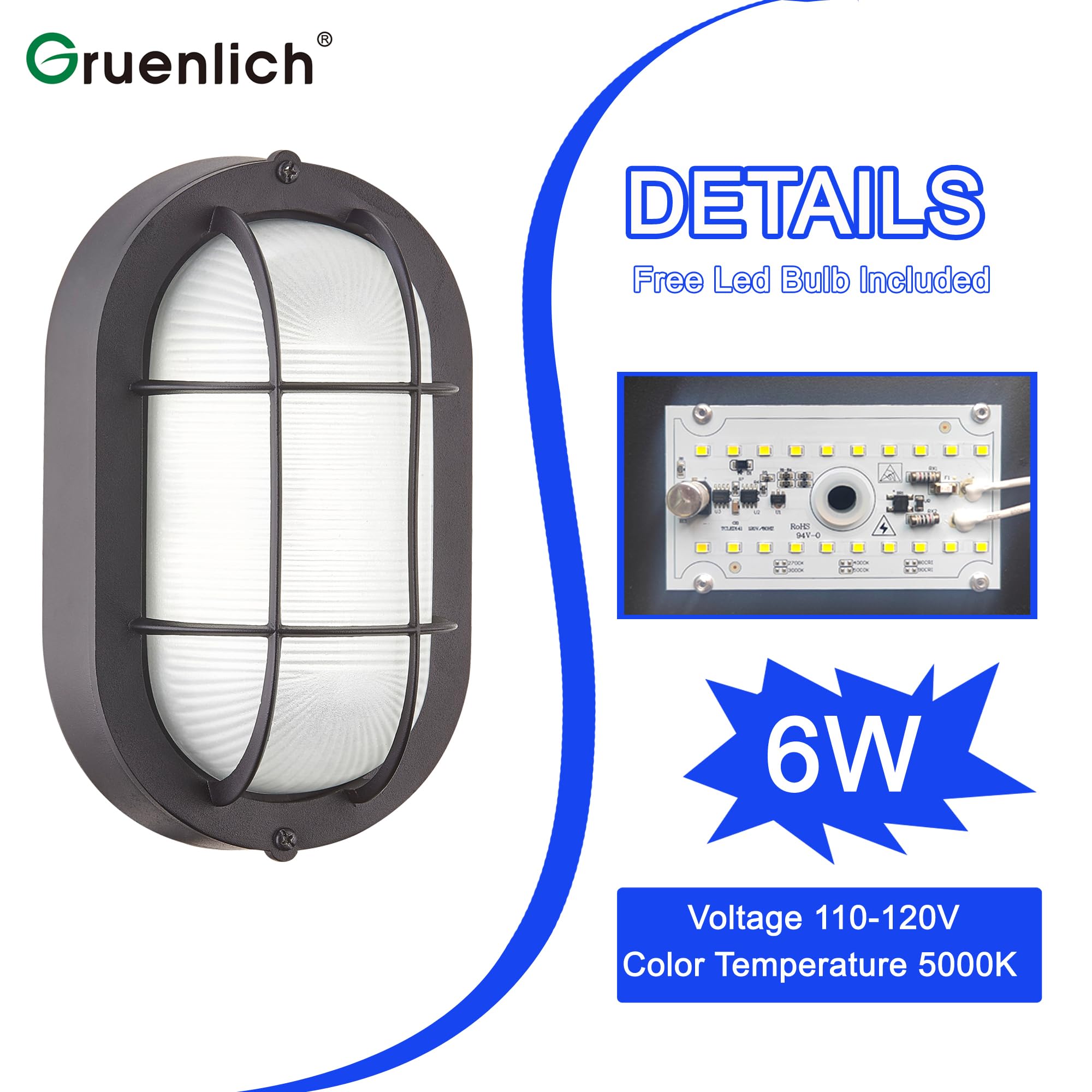 GRUENLICH LED Bulkhead Light, Dimmable 6W 520 Lumen, Aluminum, Waterproof, 8.5in Oval, 5000K Daylight White, Black