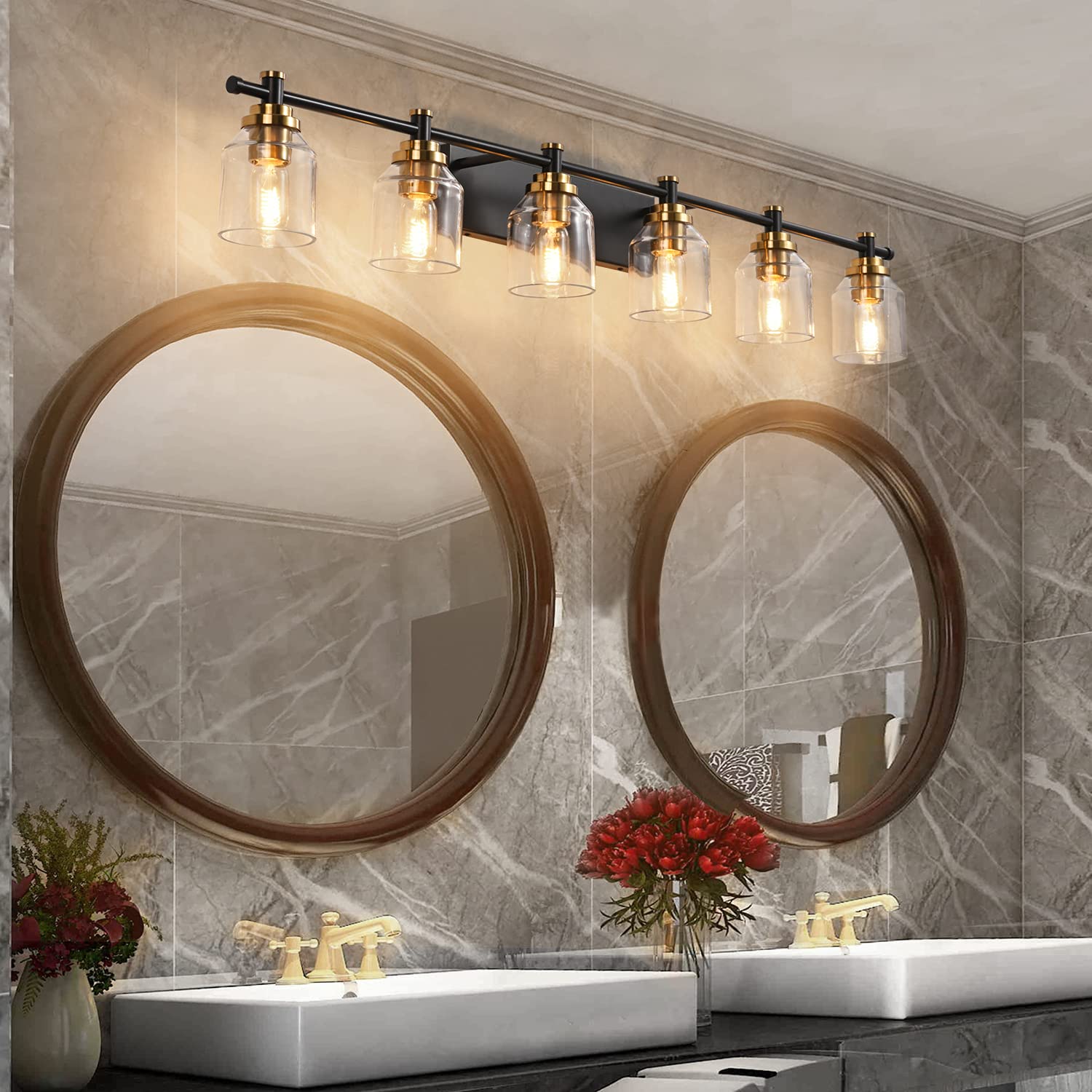 SOLFART 6-Lights Vintage Bathroom Vanity Light Fixture, Black Brass, Clear Glass, Model 7900-6T