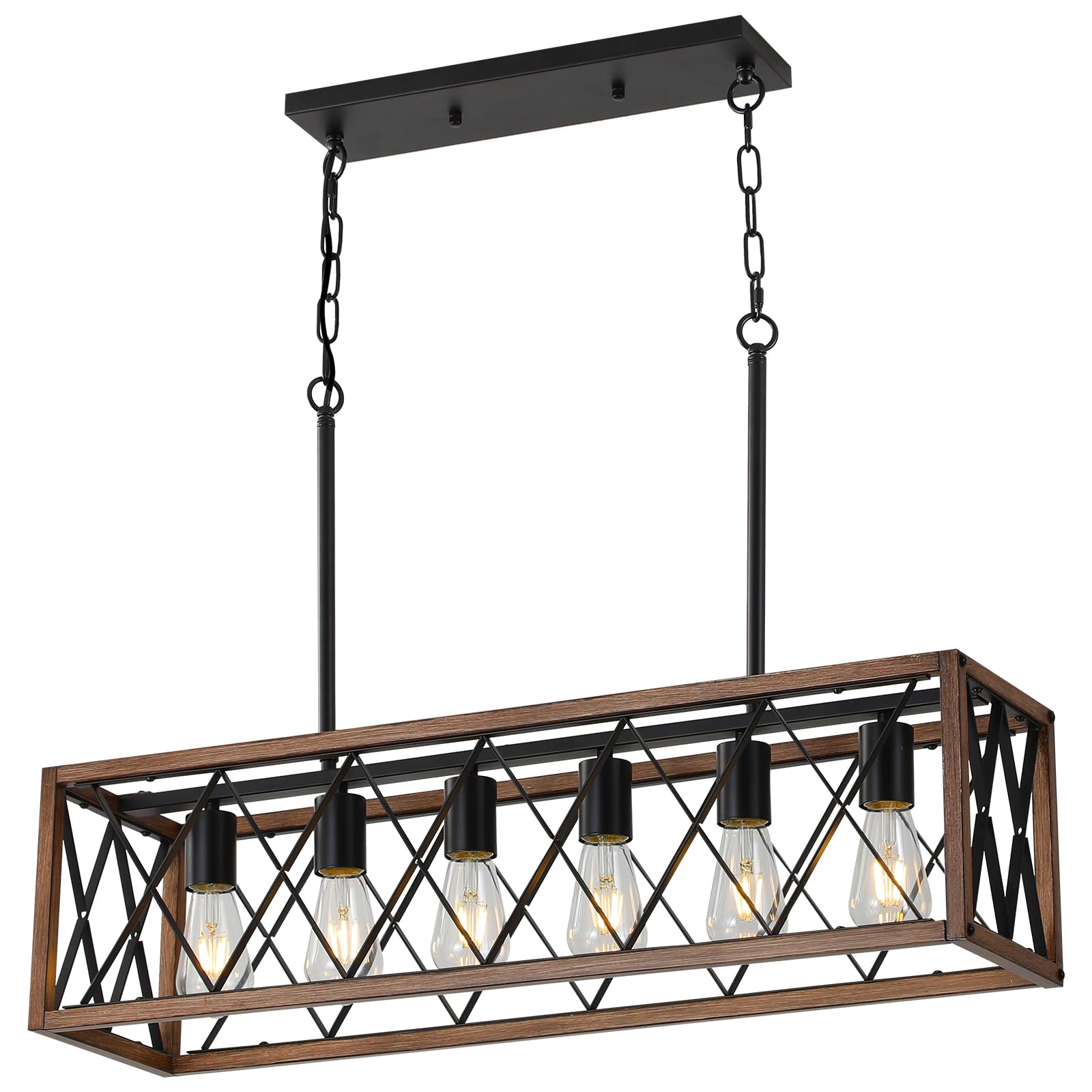 Keesfu 6-Light Dining Room Light Chandelie, Farmhouse Pendant Light,Adjustable Height Kitchen Light, Rustic Linear Chandelier For Kitchen, Dining Room Table, Pool Table. (Wood Grain Color)