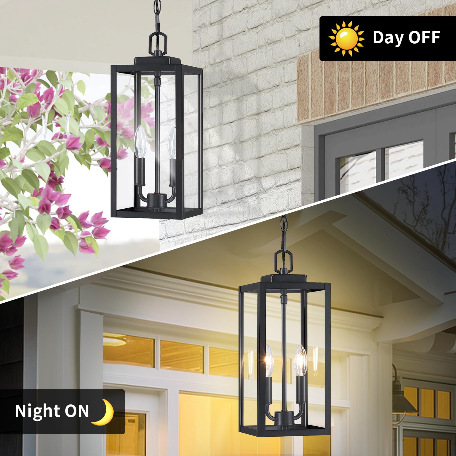 15'' Large Outdoor Pendant Light 2-Light, Modern Black Metal Outside Chandelier Exterior Hanging Fixture Ceiling Mount With Clea