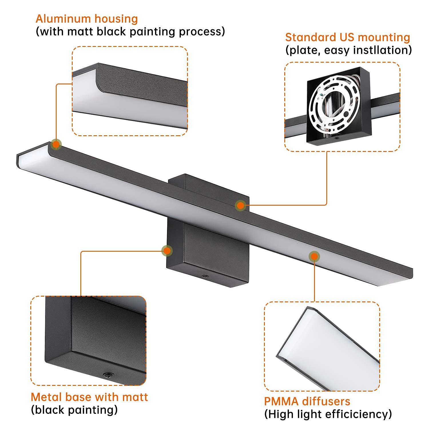 Jusheng 24" Black Led Bathroom Vanity Light - Modern Aluminum Over Mirror Fixture, 3000K