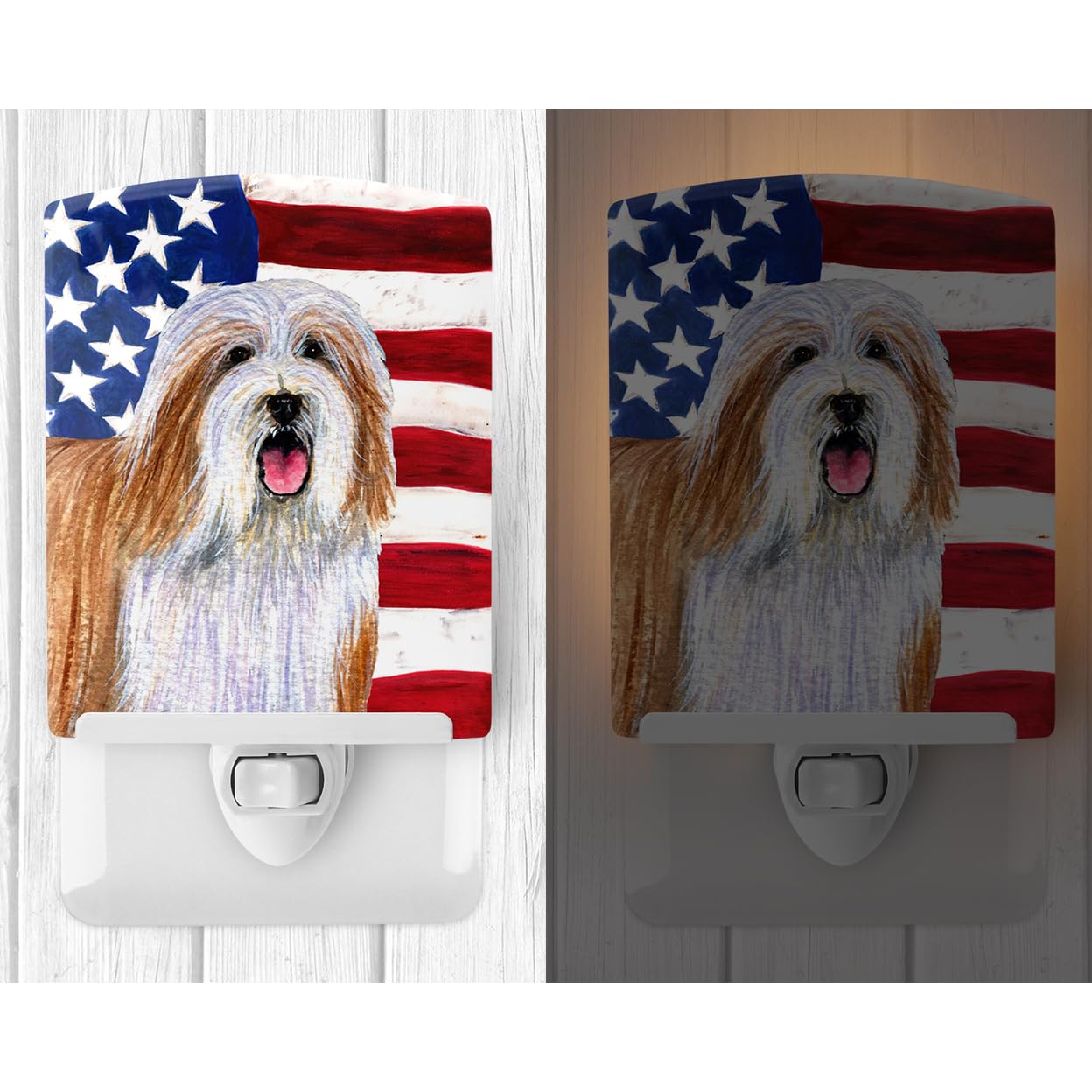 Caroline'S Treasures Ss4245Cnl Usa American Flag With Bearded Collie Ceramic Night Light Compact, Ul-Certified, Ideal For Bedroom, Bathroom, Nursery, Hallway, Kitchen, 6X4X3, Multicolor