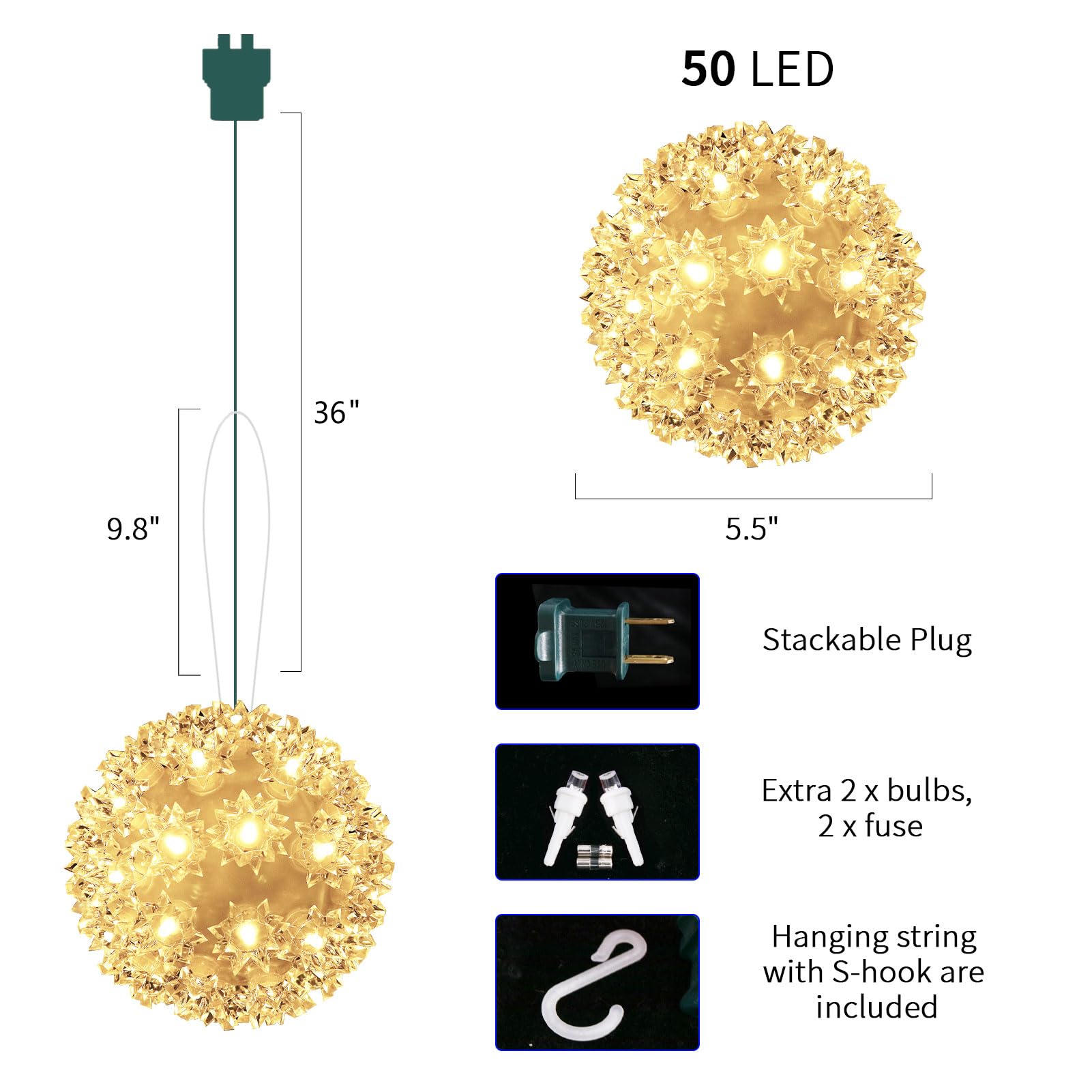 Christmas Lights Ball 5.5" Sparkling Outdoor Hanging Sphere Lights Twinkling Lights 50 Led Starlight Sphere Soft Twinke Christmas Sphere Lights For Tree Porch Decorations, Warm White - Twinkling