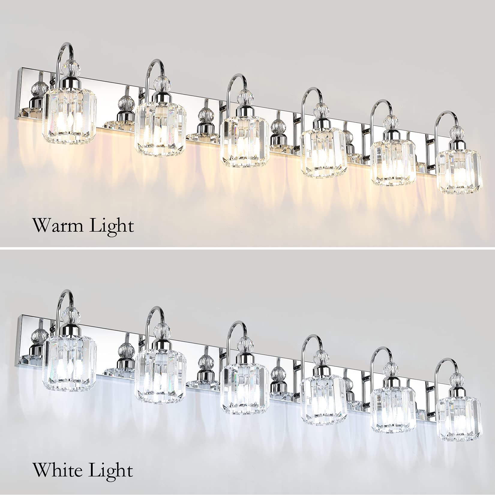 Ralbay Modern Crystal Vanity Lights 6-Lights Stainless Steel Crystal Bathroom Vanity Lights Over Long Mirror Modern Crystal Vani