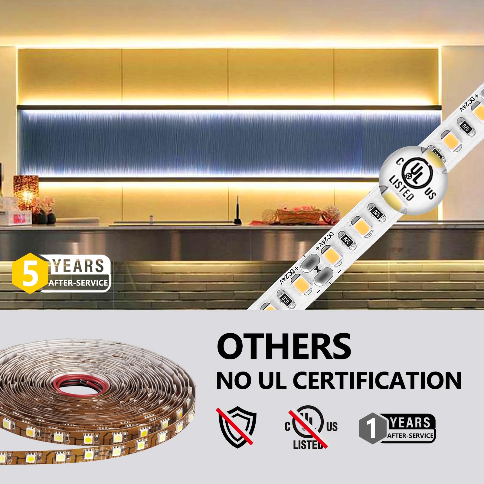 Emitever Led Strip Lights 3000K, Ul 24V Led Tape Light Warm White, Ra 95+, Ip30, 32.8Ft, 2.9W/Ft, 240+Lumens/Ft, 1200Leds/Spool,