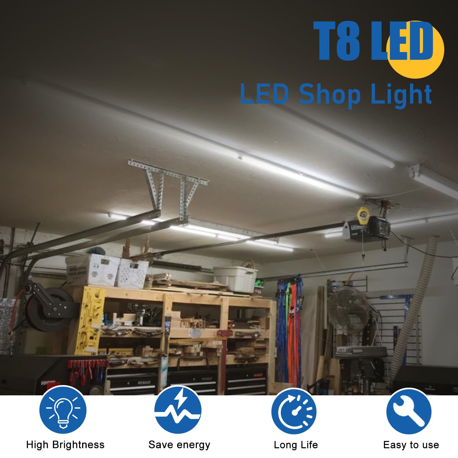 Reisener 4 Pack Ultra Bright 4Ft Led Shop Lights For Garage, 4500 Lumens 5000K Daylight, 48 Inch Linkable Plug & Play Light Fixt